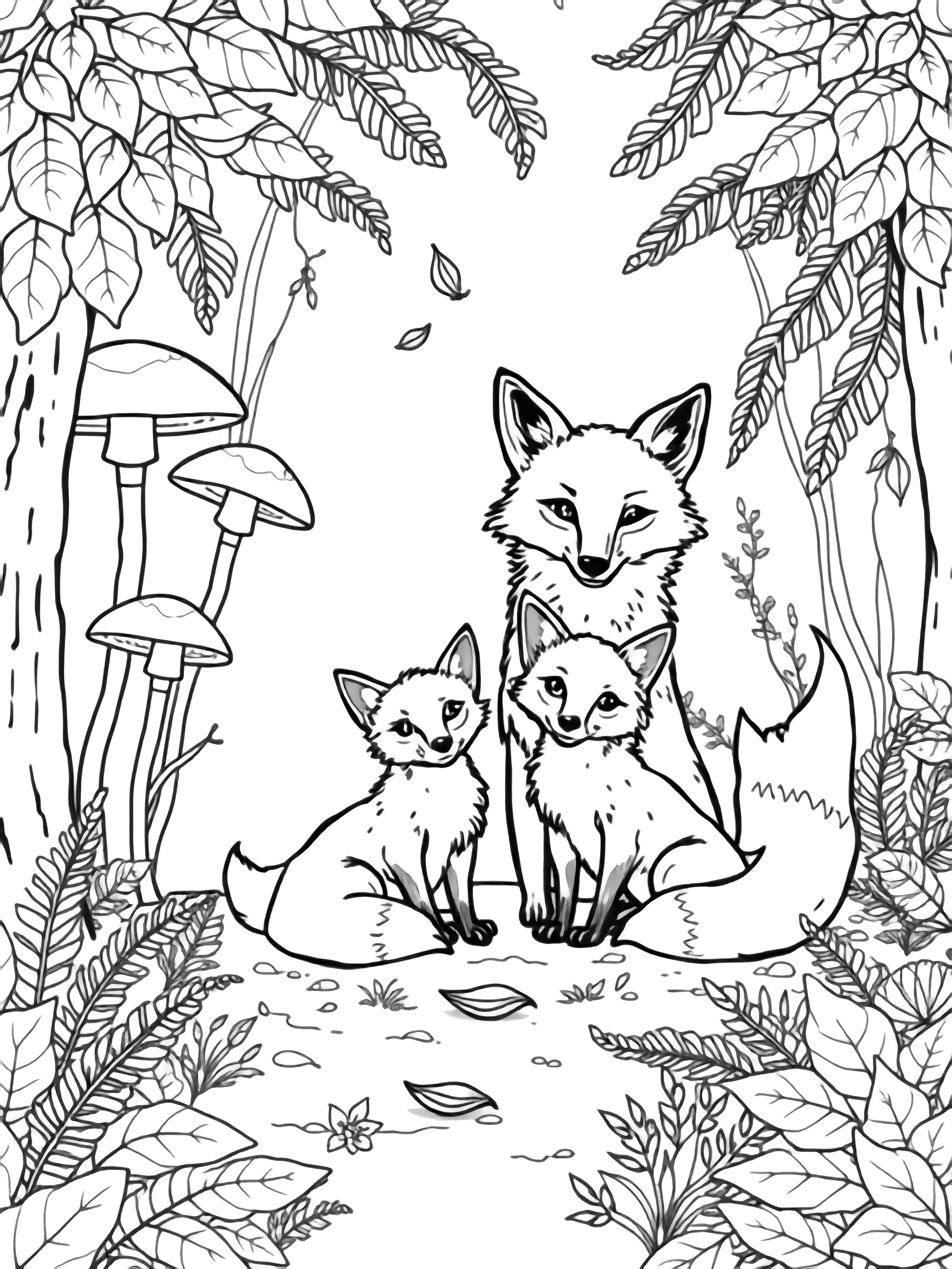 illustration on a Four foxes two cubs and parents sit happily in a woodland clearing; tall mushrooms fern fronds and drifting leaves frame them all in bold open outlines ready to color clean black kleurplaat