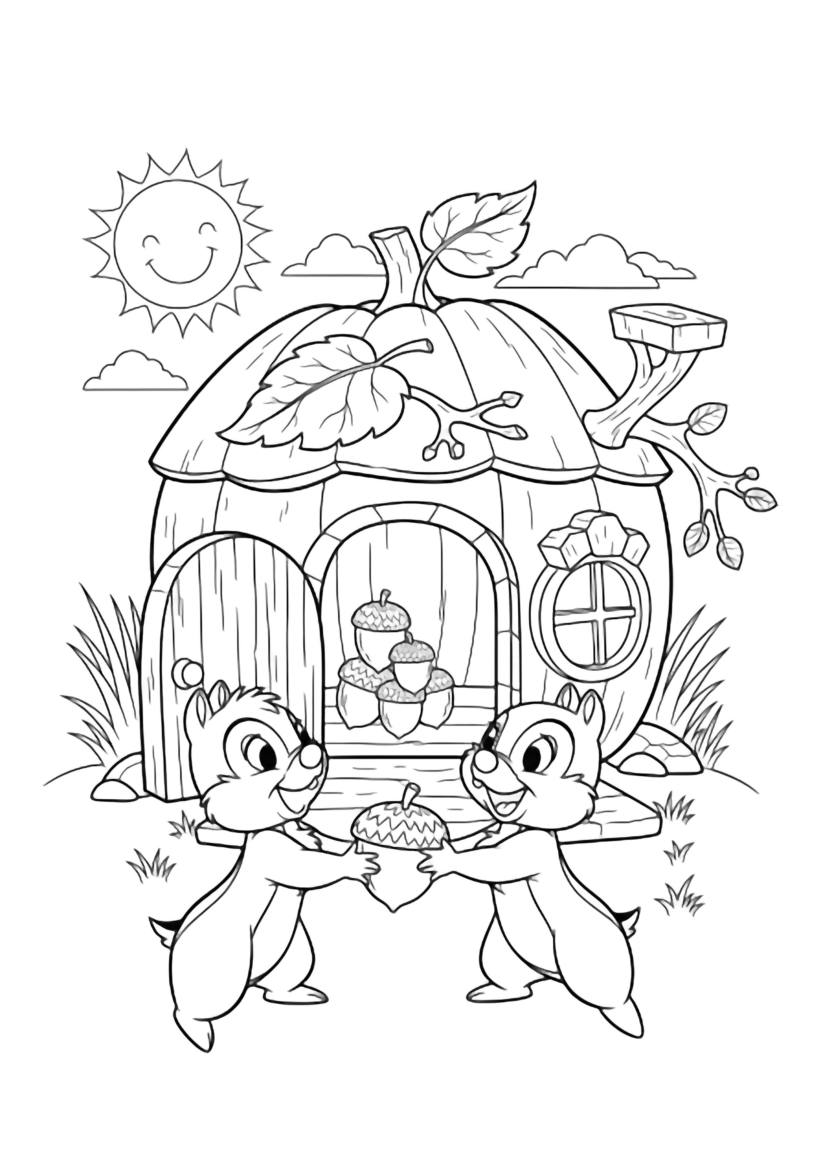 Chip and Dale pass an acorn beside a pumpkin house with open door, leaf roof, stacked acorns inside, grass, twigs, smiling sun above kleurplaat