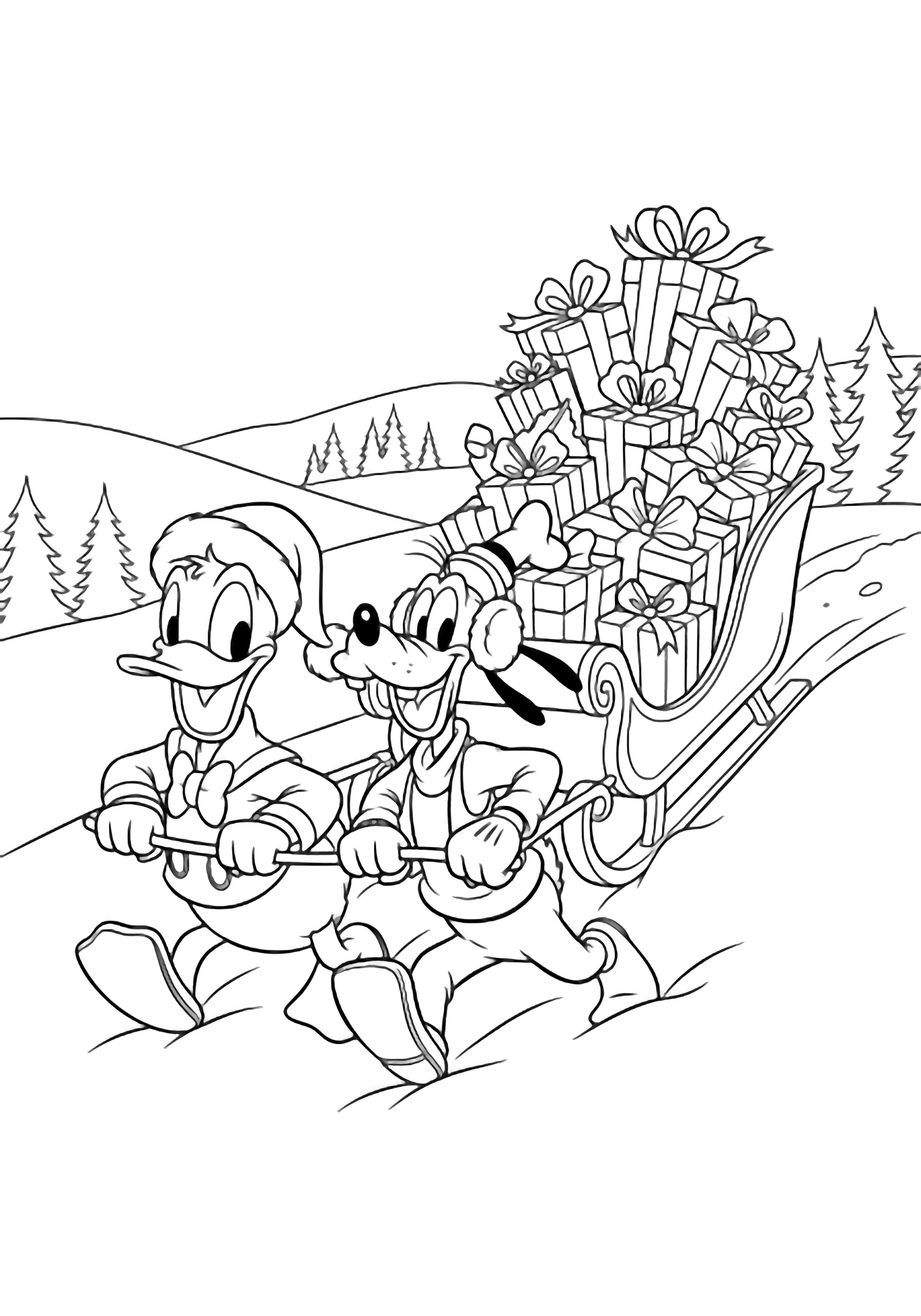 illustration on a Donald Duck and Goofy beam while pulling a sleigh piled with ribbon wrapped gifts across open snow; distant pines and gentle hills frame the simple background all in bold clean colorable outlines clean black kleurplaat