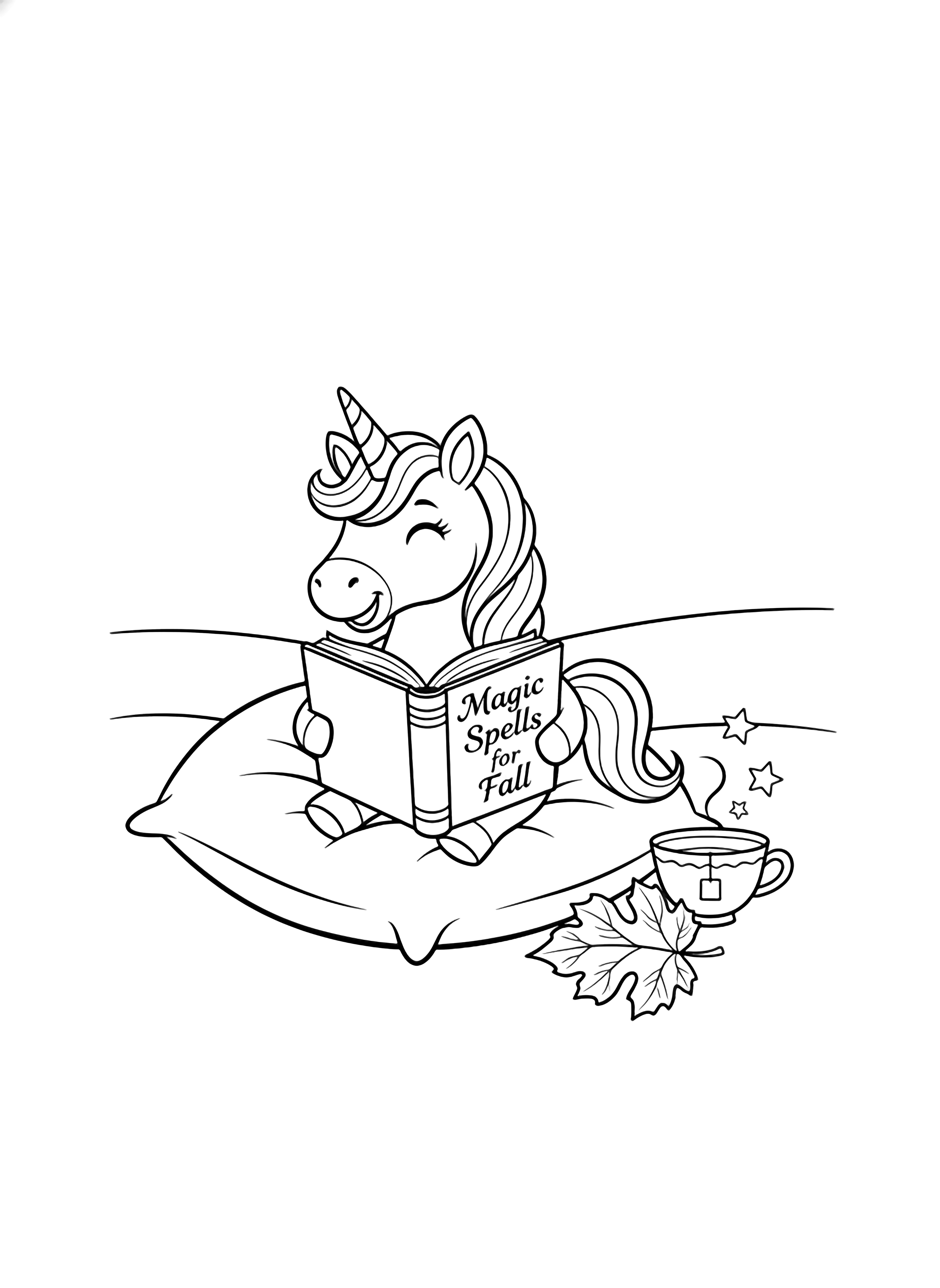 A smiling unicorn reclines on a large pillow, holding open a book titled "Magic Spells for Fall"; stars drift above, a teacup and autumn leaf nearby, gentle horizon behind. kleurplaat
