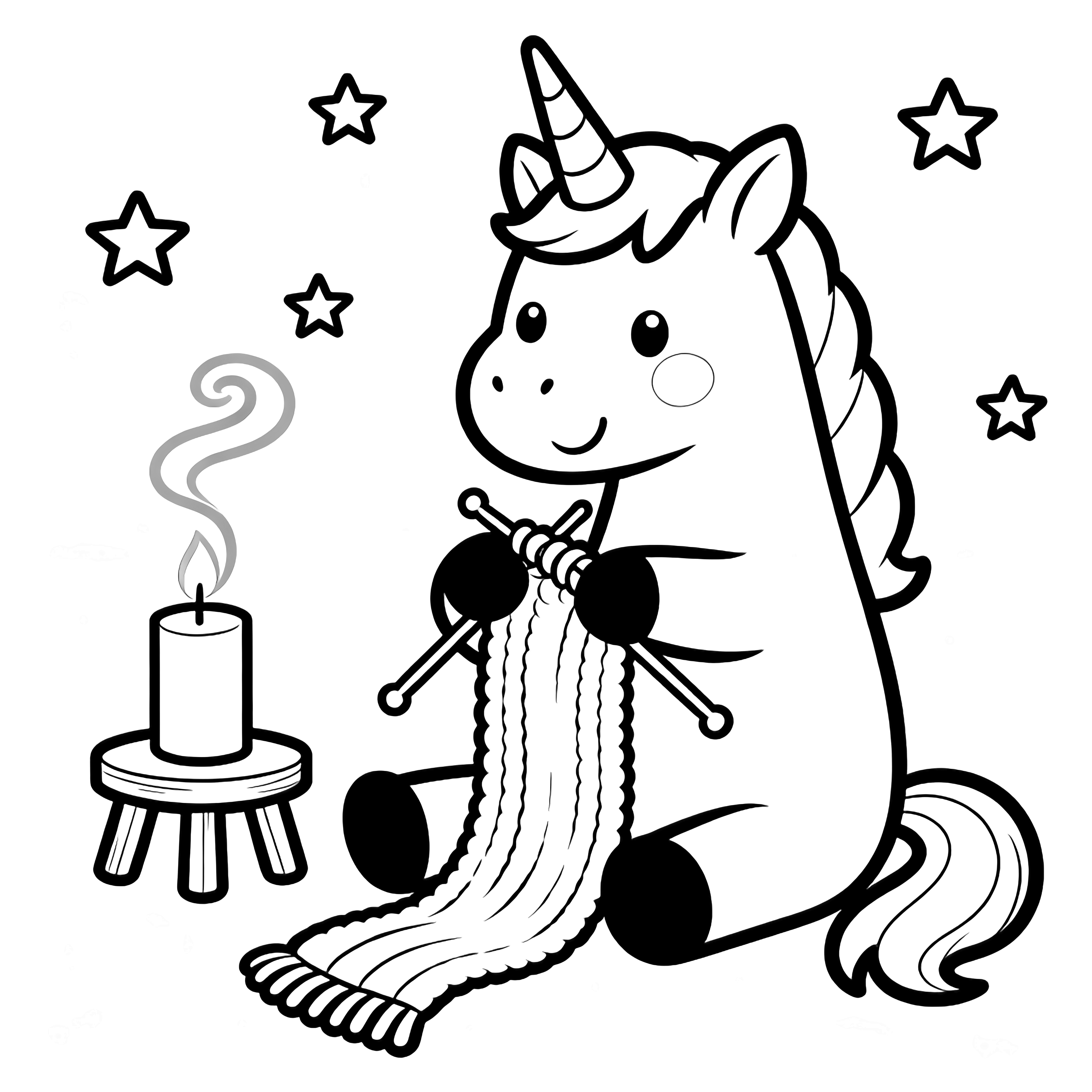 A smiling unicorn sits knitting a long scarf, clicking needles, beside a candle on a tiny stool; looping smoke and floating stars above. kleurplaat