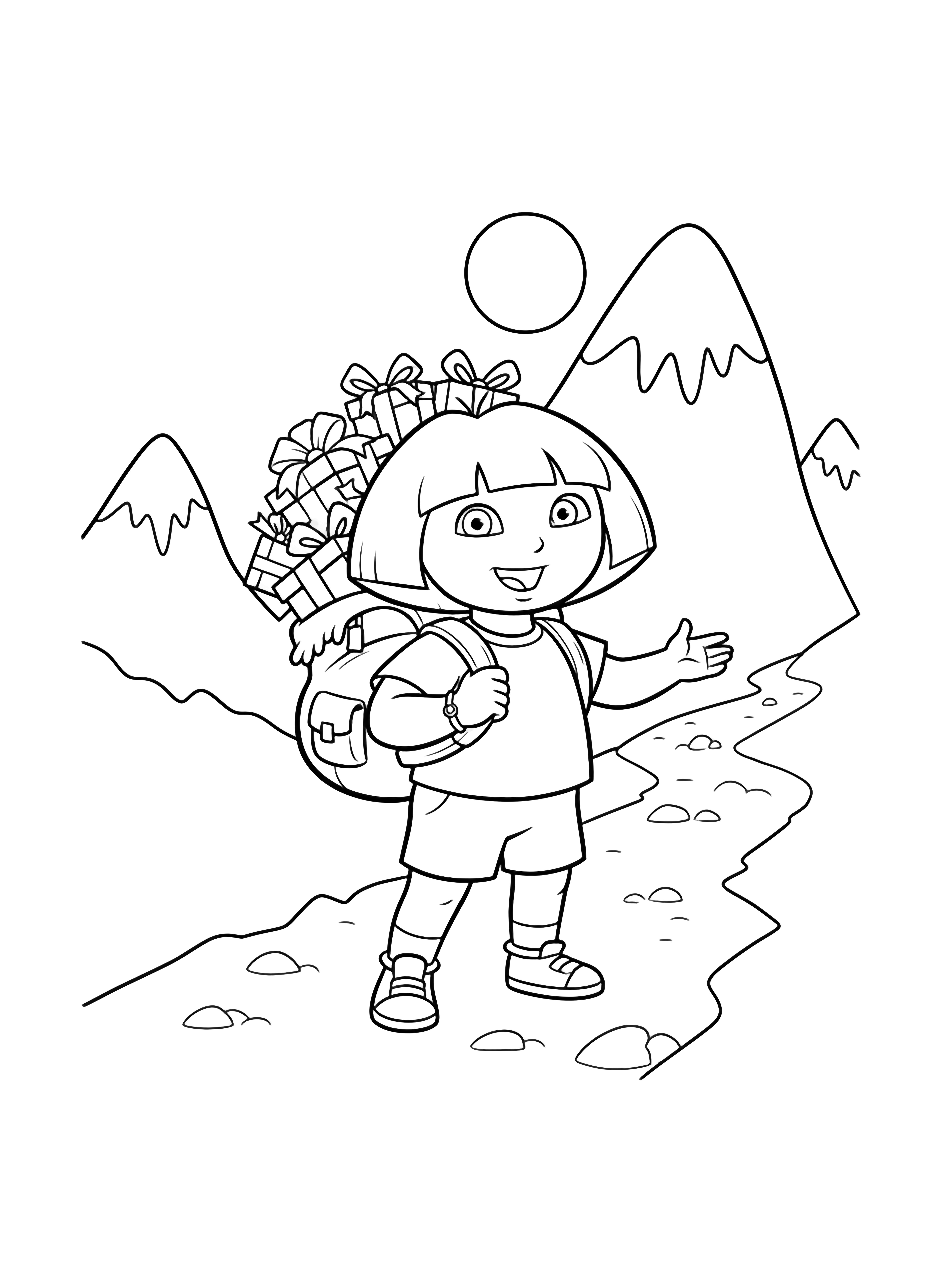 Dora smiles on a steep mountain path, large gift-laden backpack, jagged peaks and wavy snowdrifts behind. kleurplaat