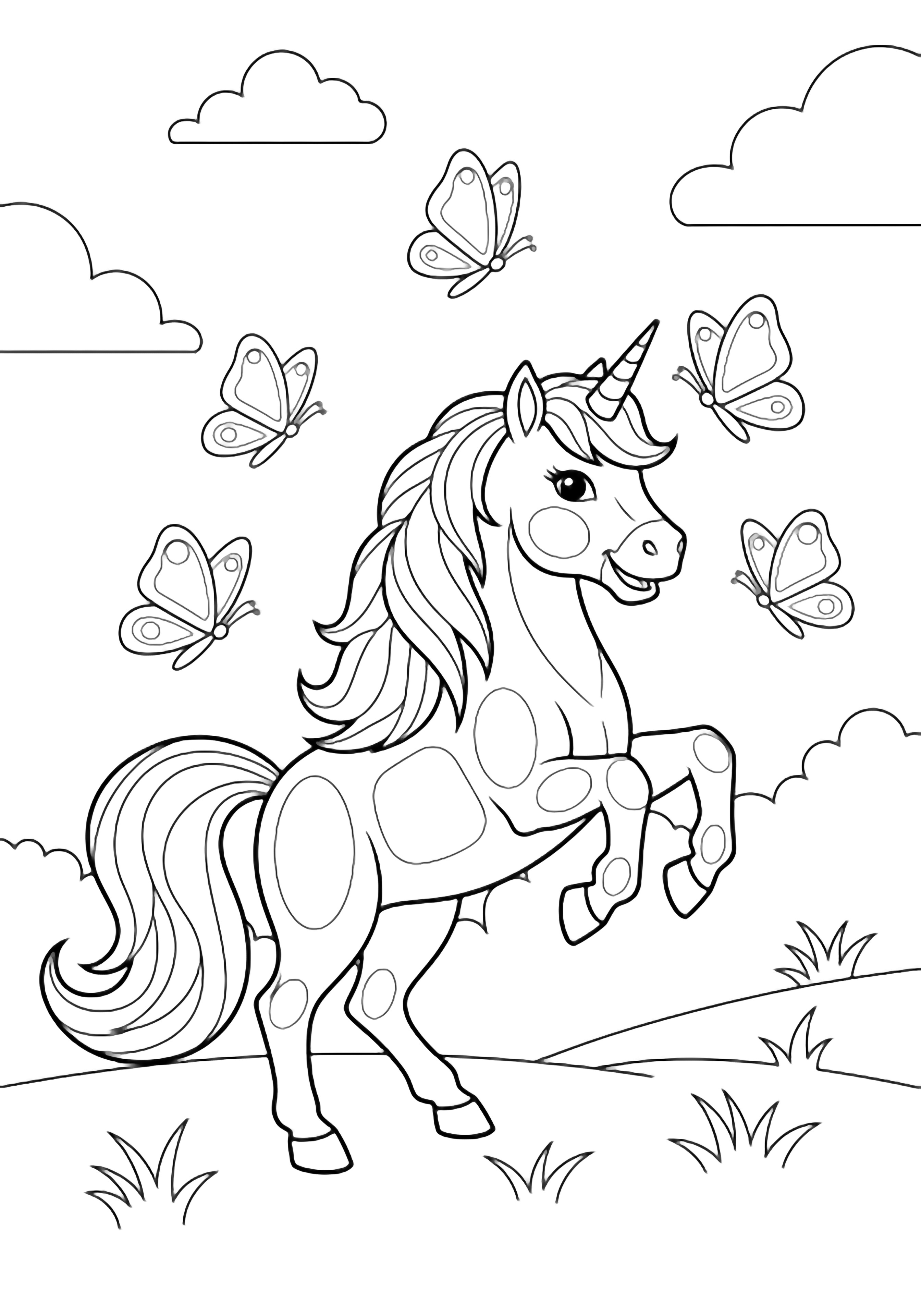 A smiling unicorn rears in a meadow while five butterflies flutter around its mane and tail, framed by simple grass tufts and clouds. kleurplaat