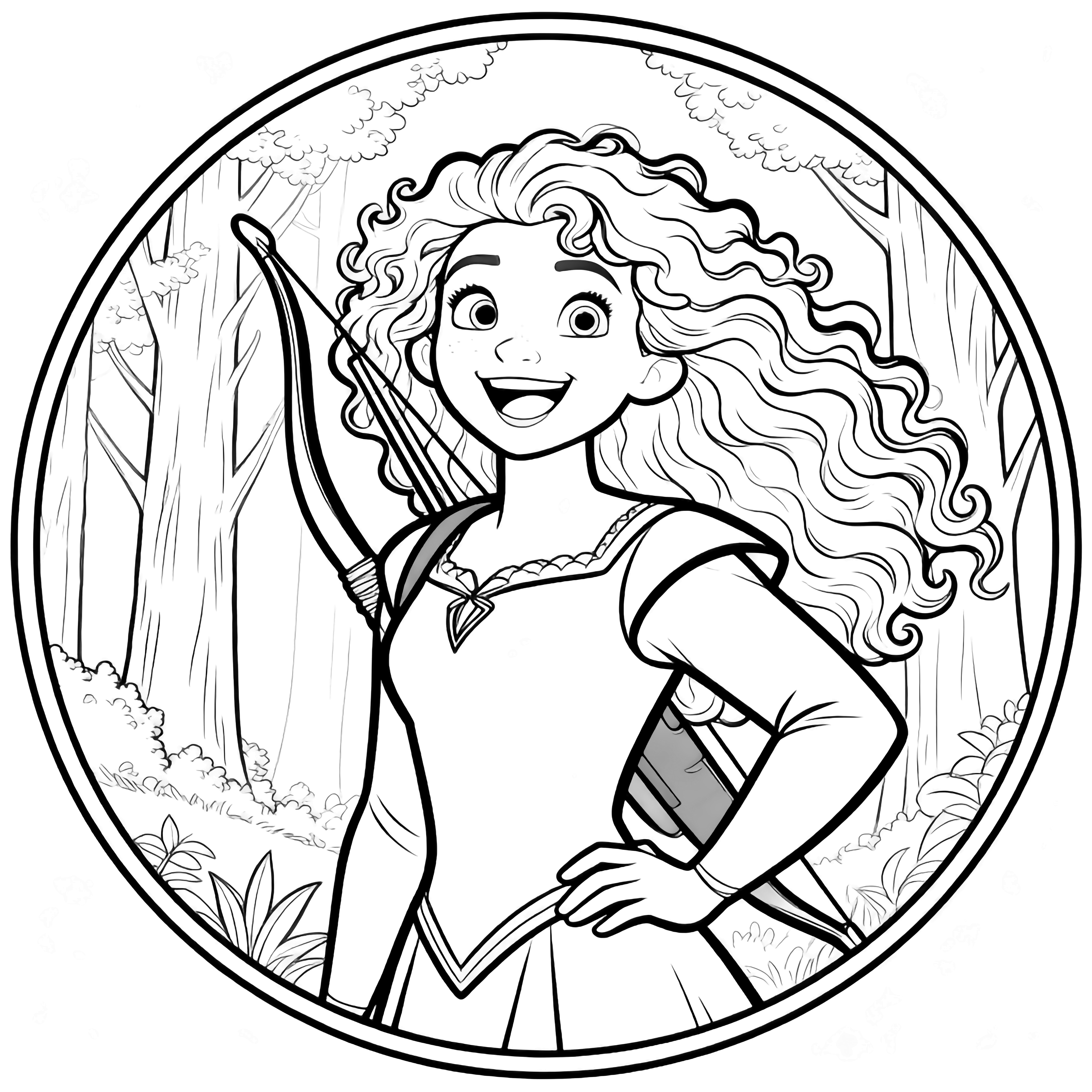 Merida stands joyfully in a forest clearing, curly hair flowing, hand on hip, bow across her back. kleurplaat