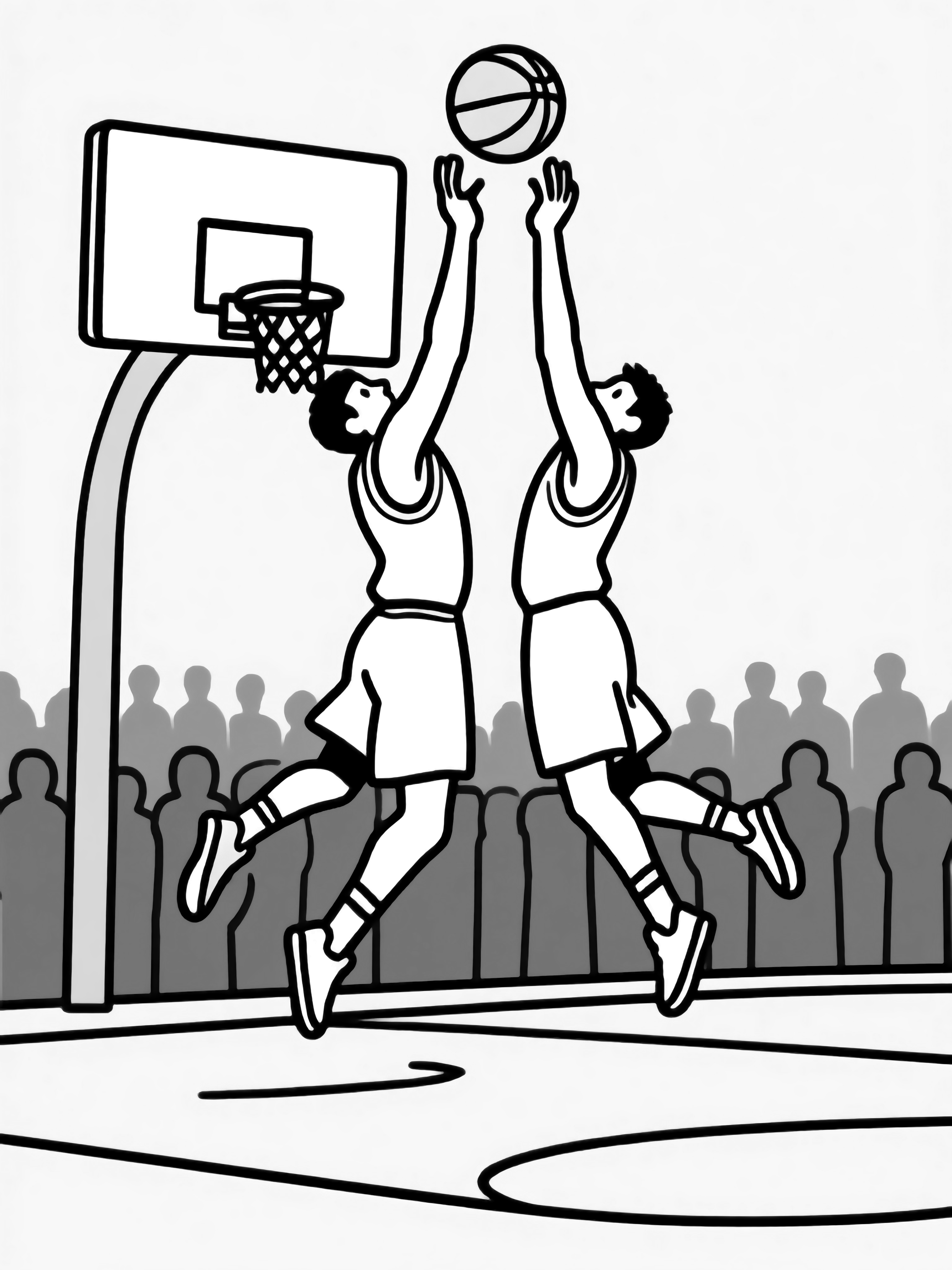 Two tall basketball players leap side-by-side, arms stretched high, hands touching the ball above a hoop backboard; court lines below, crowd of plain rectangles. kleurplaat