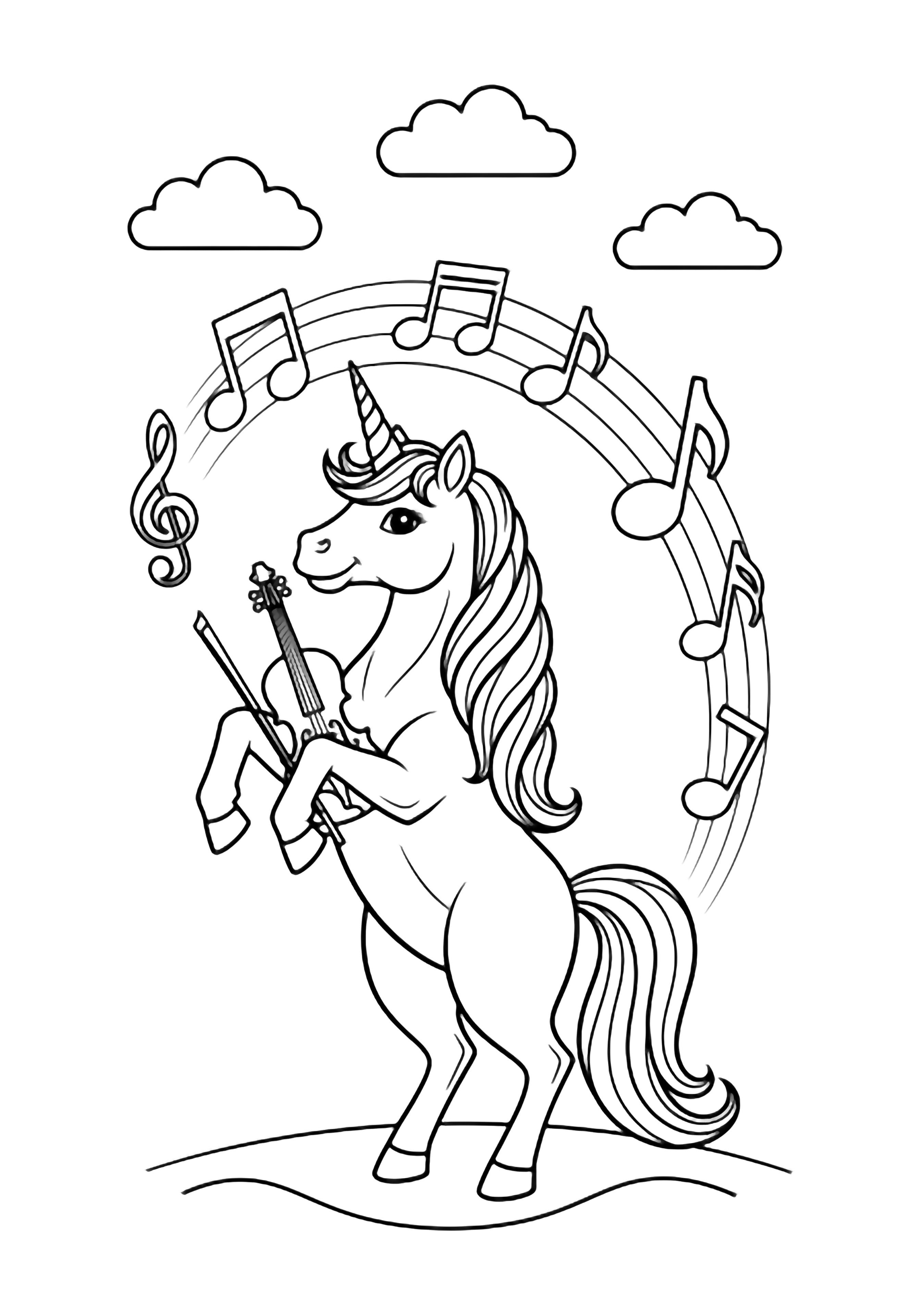 A smiling unicorn rears up, holding a tiny violin and bow; musical notes drift around its mane and tail, with three small clouds above a simple ground line. kleurplaat