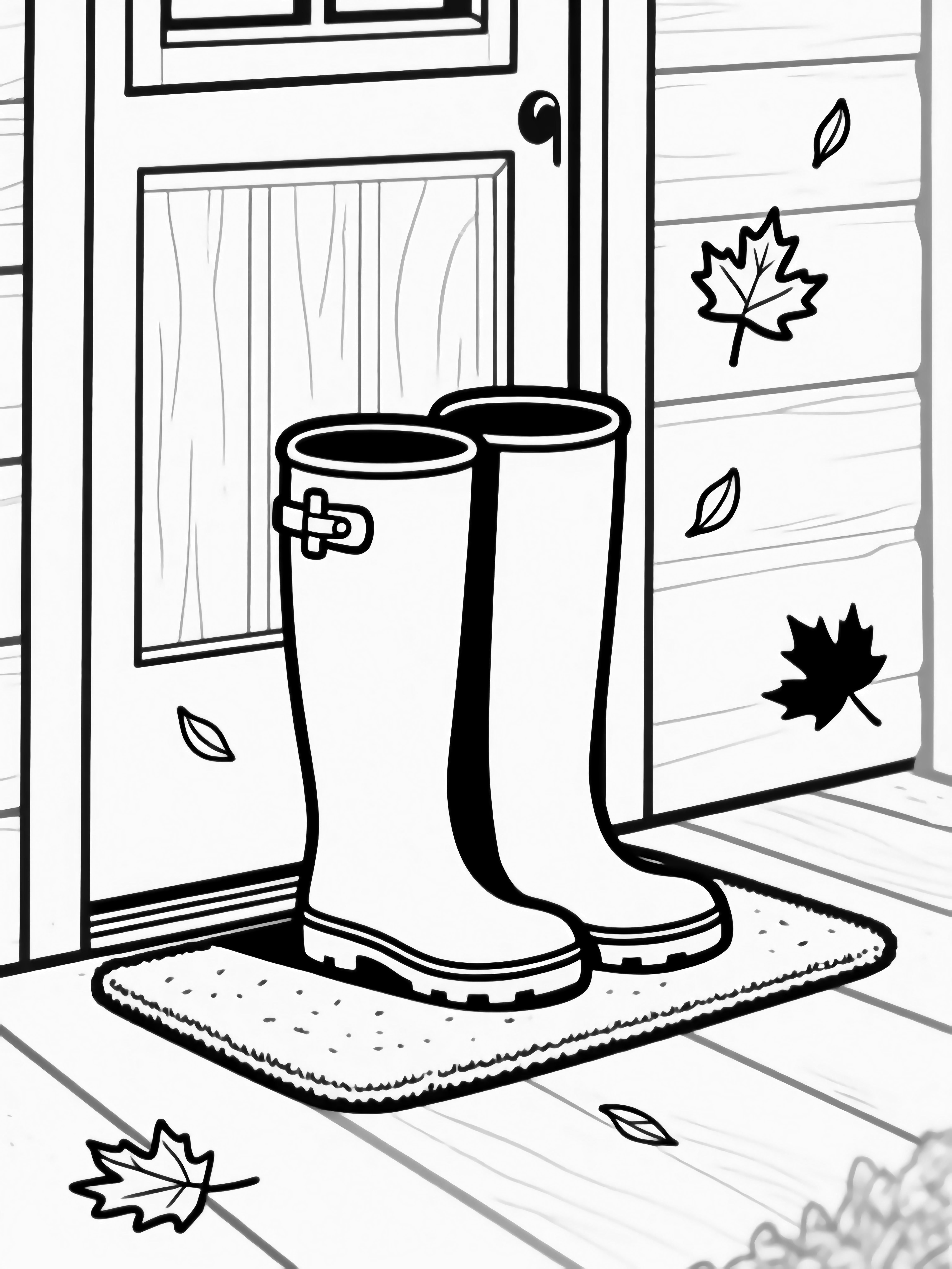 Tall rain boots on a doormat, maple leaves drifting around, wooden porch boards and door frame. kleurplaat