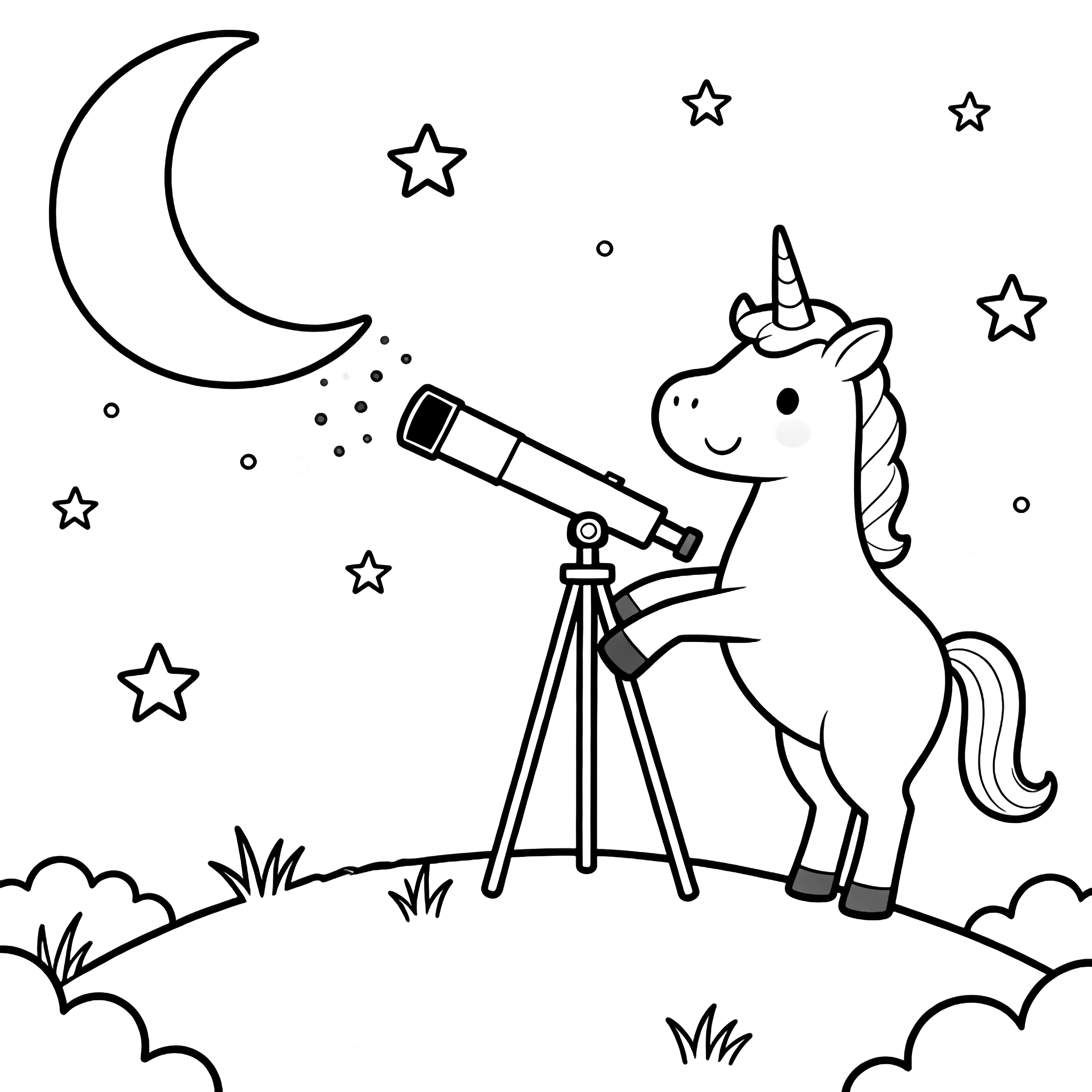 A smiling unicorn on a hill rests its front hooves on a telescope pointed at dotted stars and a large crescent moon, with grass tufts and small clouds around. kleurplaat