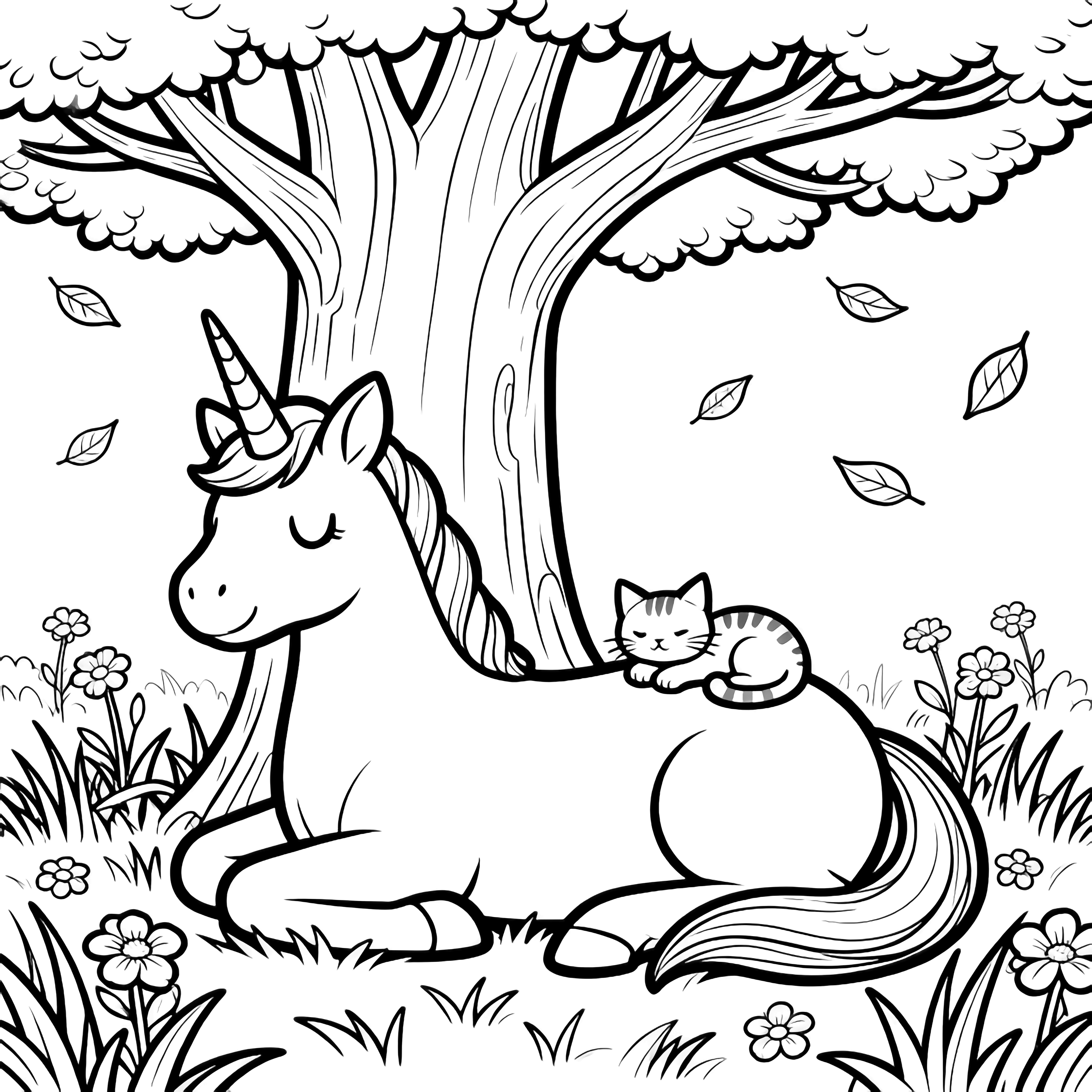 A smiling unicorn rests under a sturdy tree while a tiny cat naps on its flank, surrounded by grass, flowers, and drifting leaves. kleurplaat