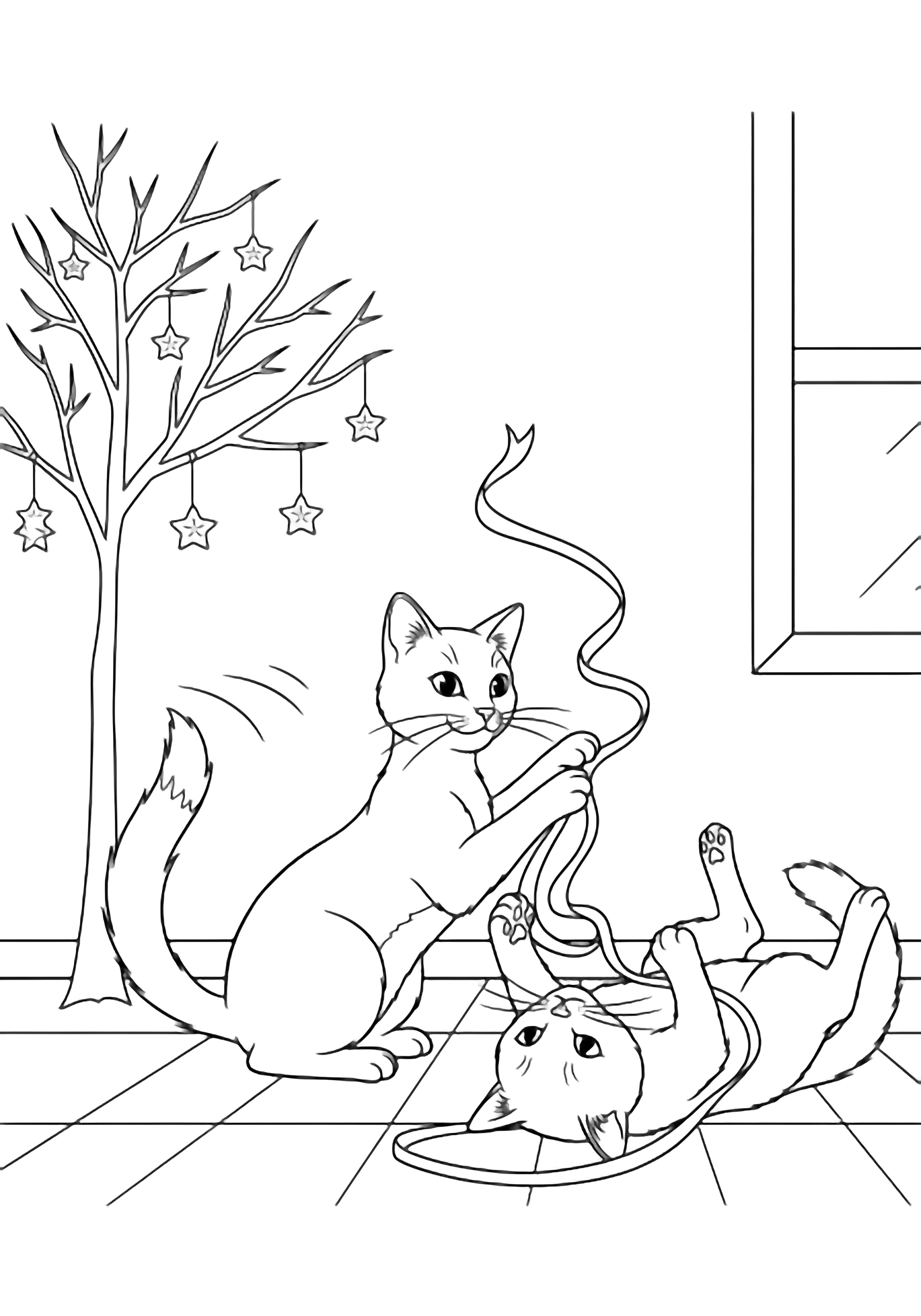 Luna sits flicking bats with a ribbon; Artemis rolls batting another ribbon; star baubles dangle from a twiggy tree; tiled floor, window behind. kleurplaat