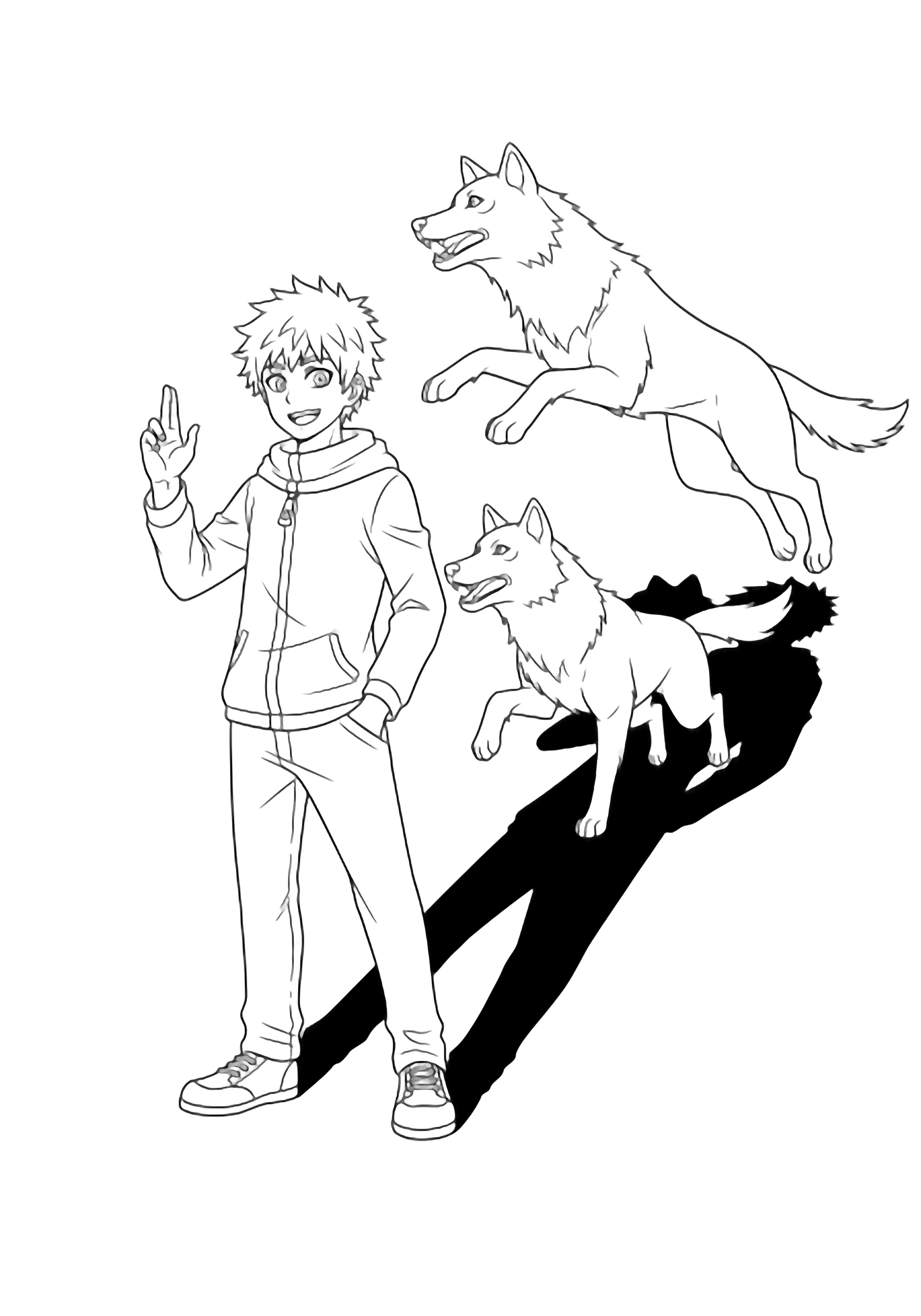 Megumi smiles with one hand raised while two sleek wolves leap from his shadow. kleurplaat