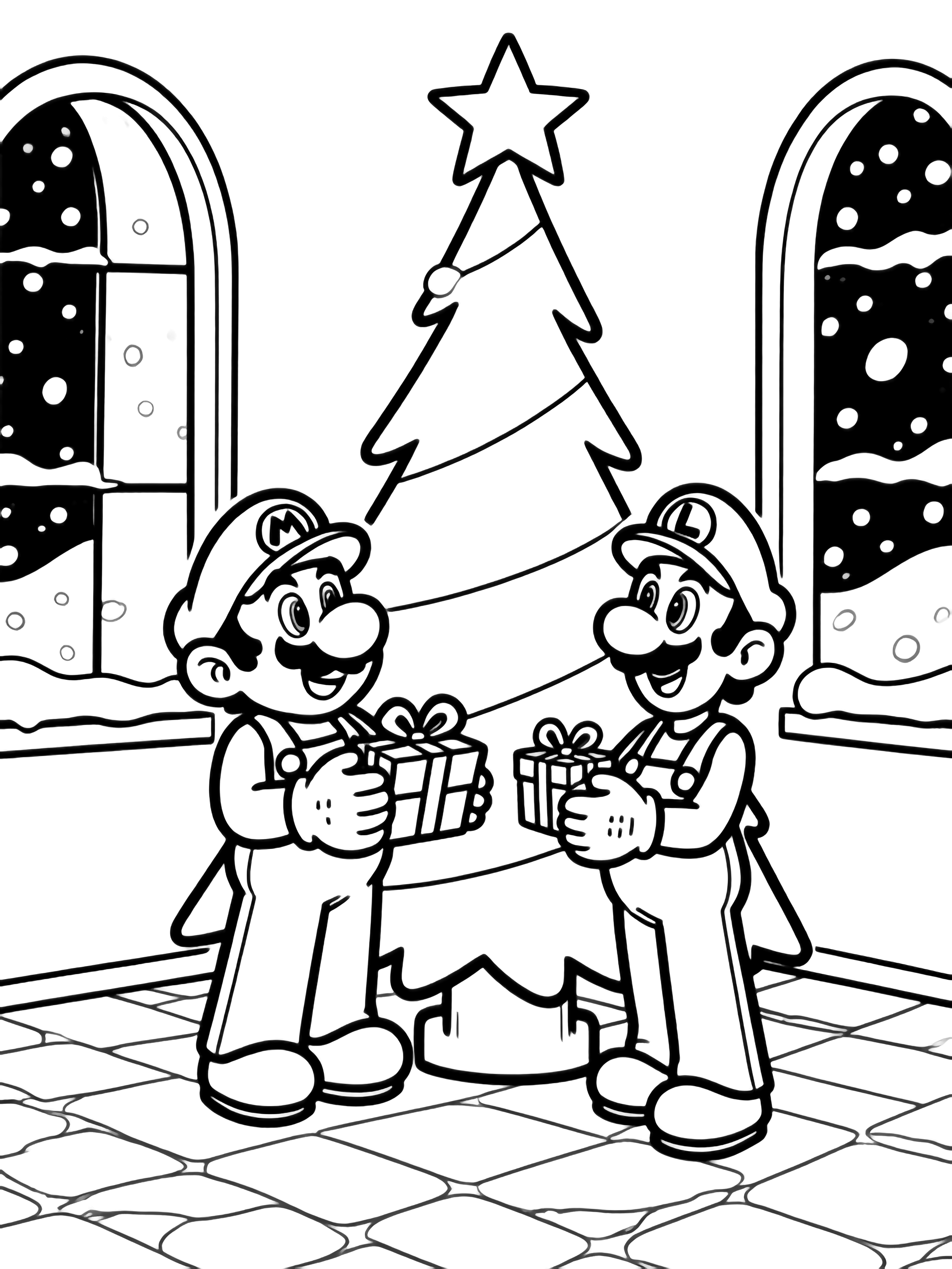 illustration on a Mario and Luigi stand smiling each holding a tiny wrapped box toward the other in front of a tall Christmas tree topped with star outline; tall arched windows behind show falling snowflakes simple stone floor tiles empty interior spaces ready to color clean black kleurplaat