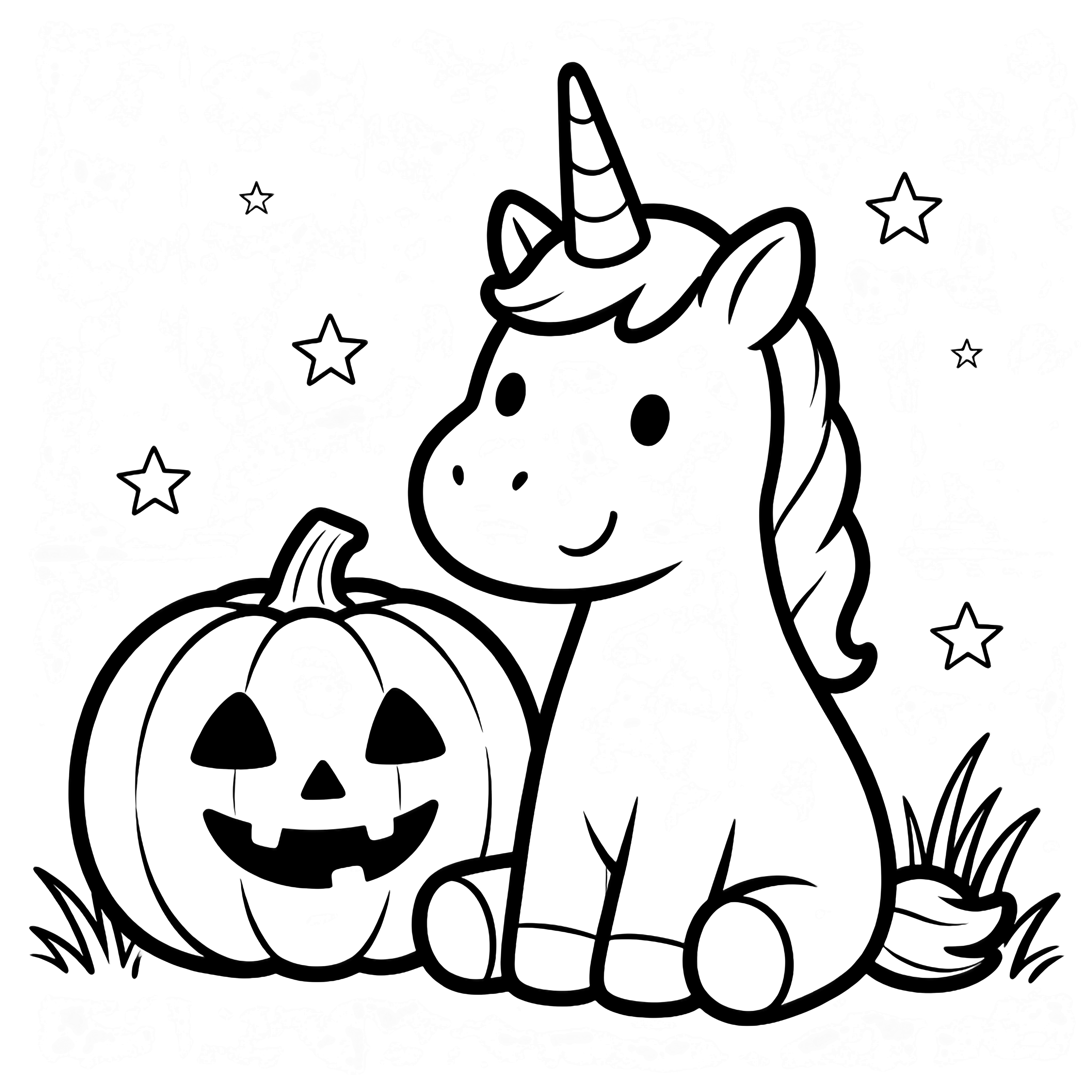 A smiling unicorn sits beside a round pumpkin lantern with cut-out eyes and smile, surrounded by small stars and grass. kleurplaat