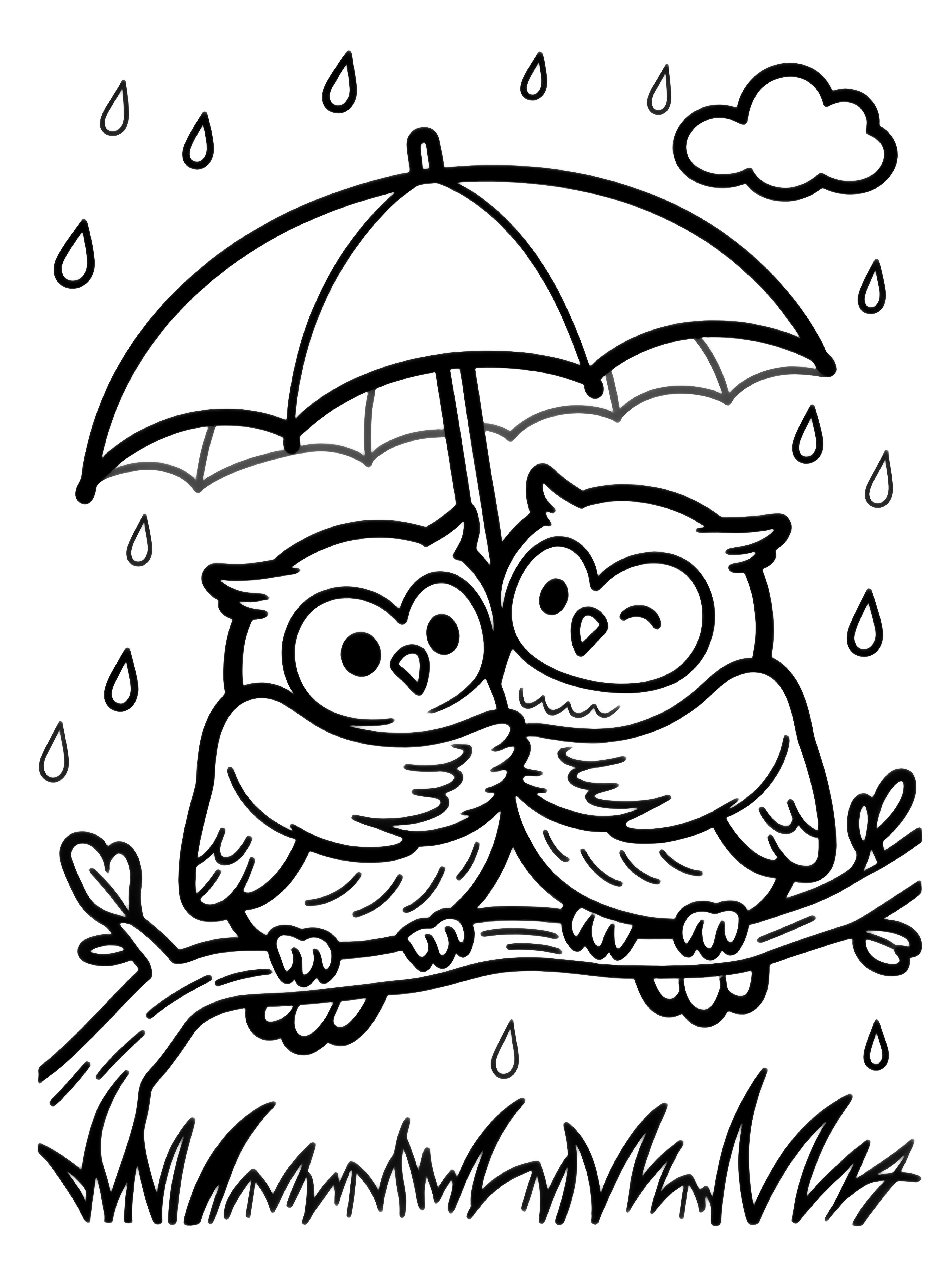 Two plump owls hug on a twig under an open umbrella, raindrops and tiny clouds above, grass below. kleurplaat