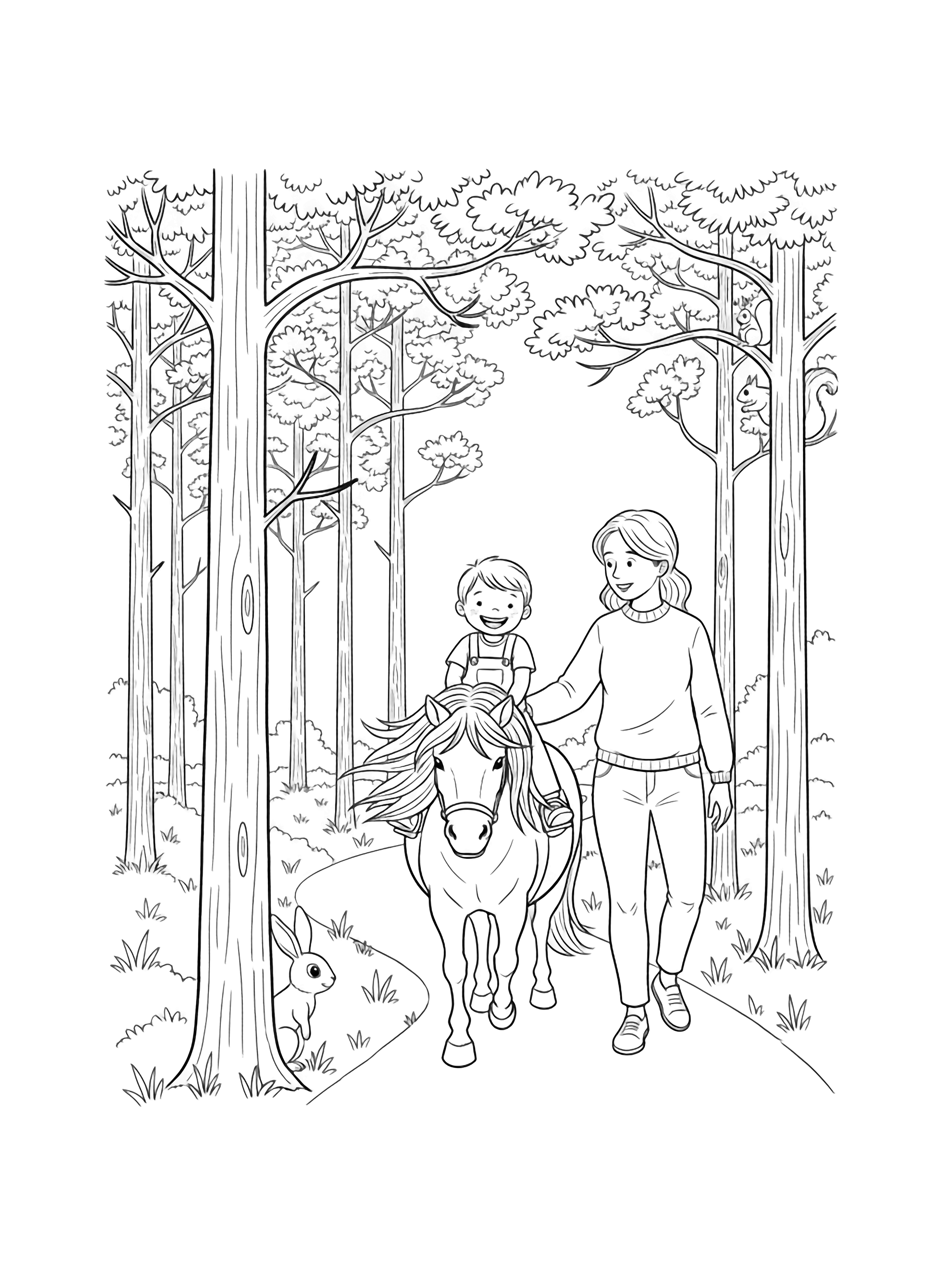 A black and white illustration of a cheerful child riding a gentle pony holding onto its mane with a big smile The mother walks beside them along a winding forest path lined with tall pine trees their branches creating interesting patterns above Small woodland creatures peek from behind tree trunks a curious rabbit watches from the under clean black and white line drawing minimal shading no colour no fill kleurplaat