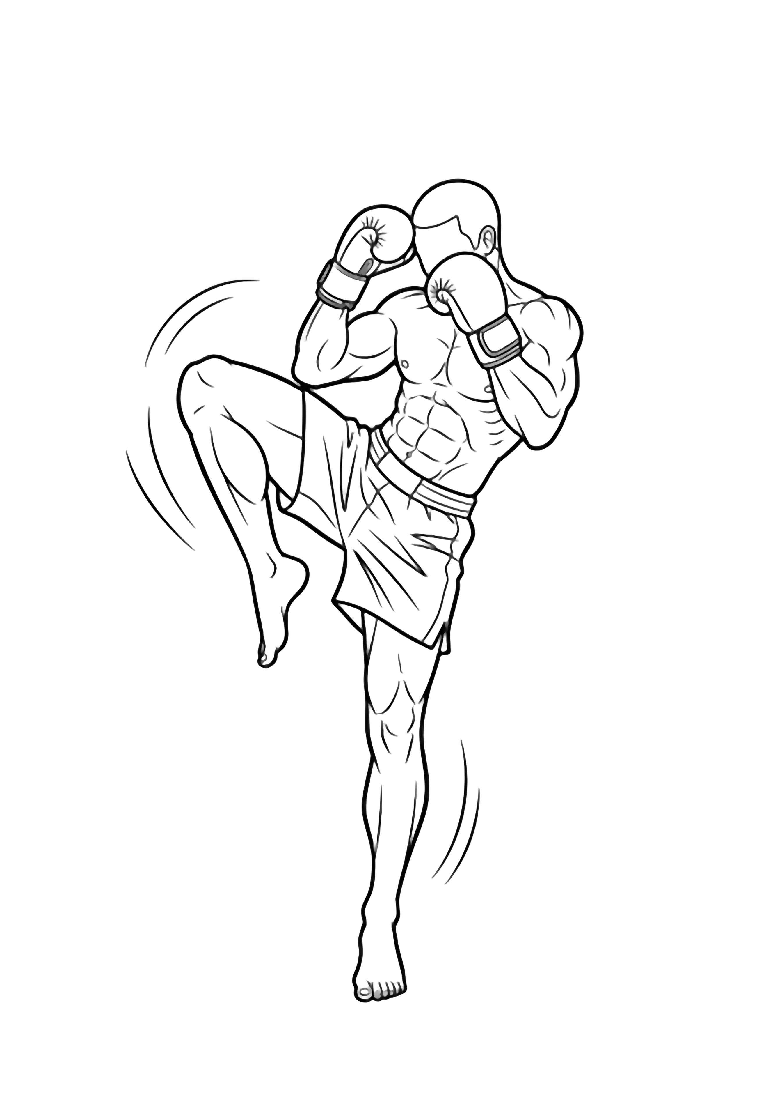 Muscular kickboxer frozen mid-knee strike, gloved fists clenched, rear leg thrust high, motion lines swirling. kleurplaat