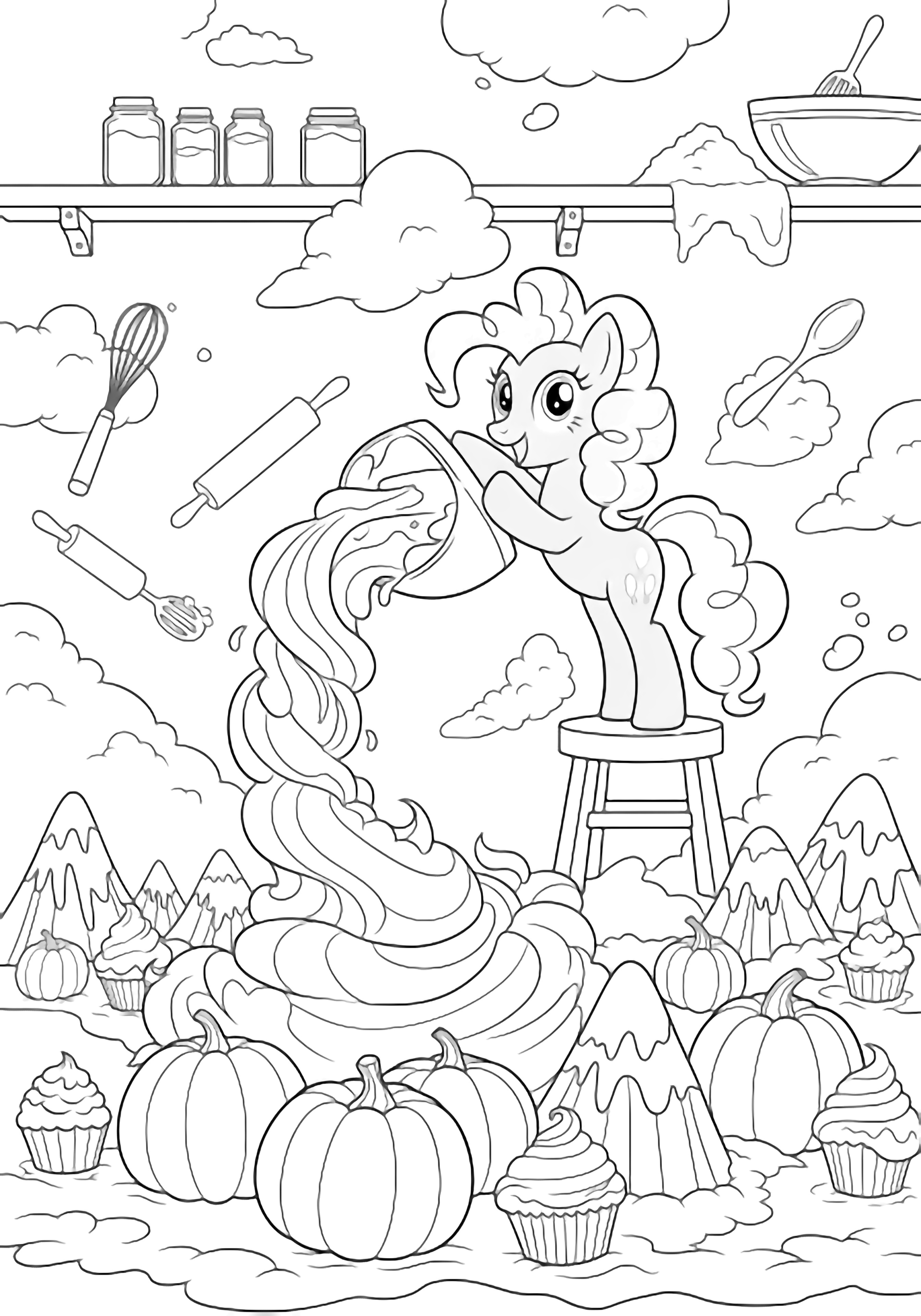 Pinkie Pie on a stool pours frosting that billows over pumpkin-cupcake mountains; flour clouds and utensils float around her beneath a kitchen shelf. kleurplaat