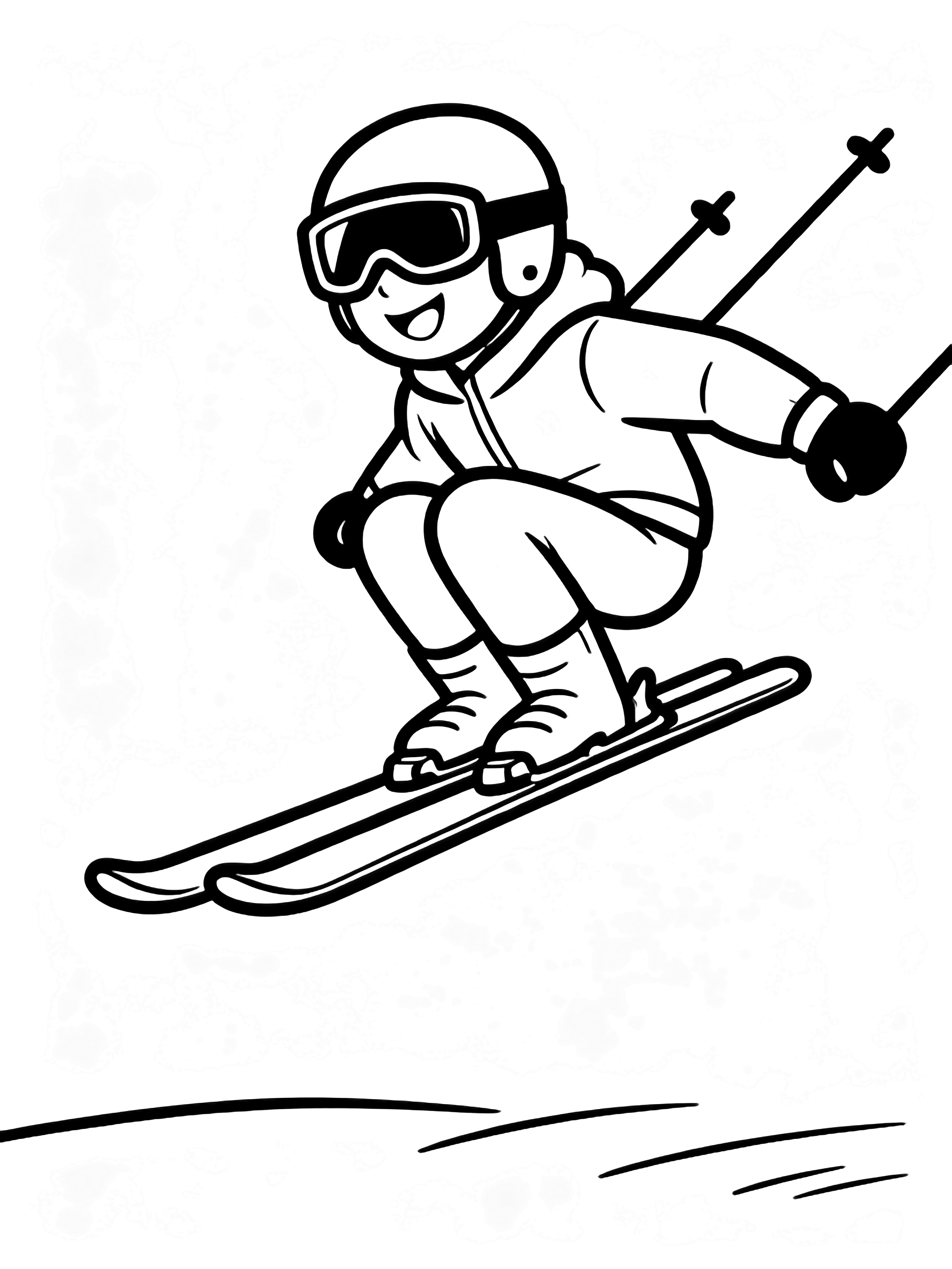 A smiling skier flies through the air with knees tucked, skis parallel, poles angled back, wearing helmet, goggles, jacket, gloves and boots, motion lines trailing below. kleurplaat