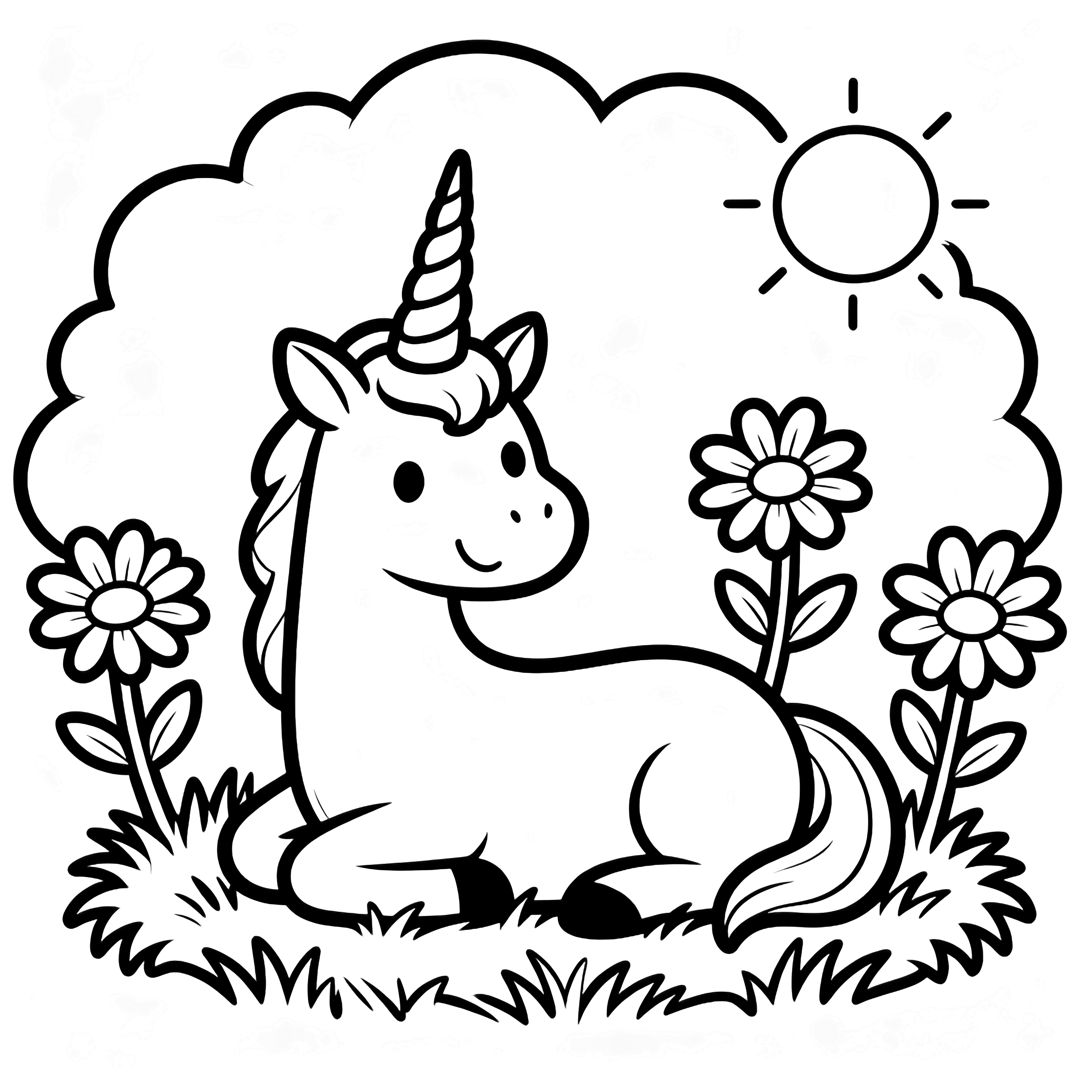 A smiling unicorn lounges on tufted grass, encircled by three daisy-like flowers, beneath a simple sun and puffy clouds. kleurplaat