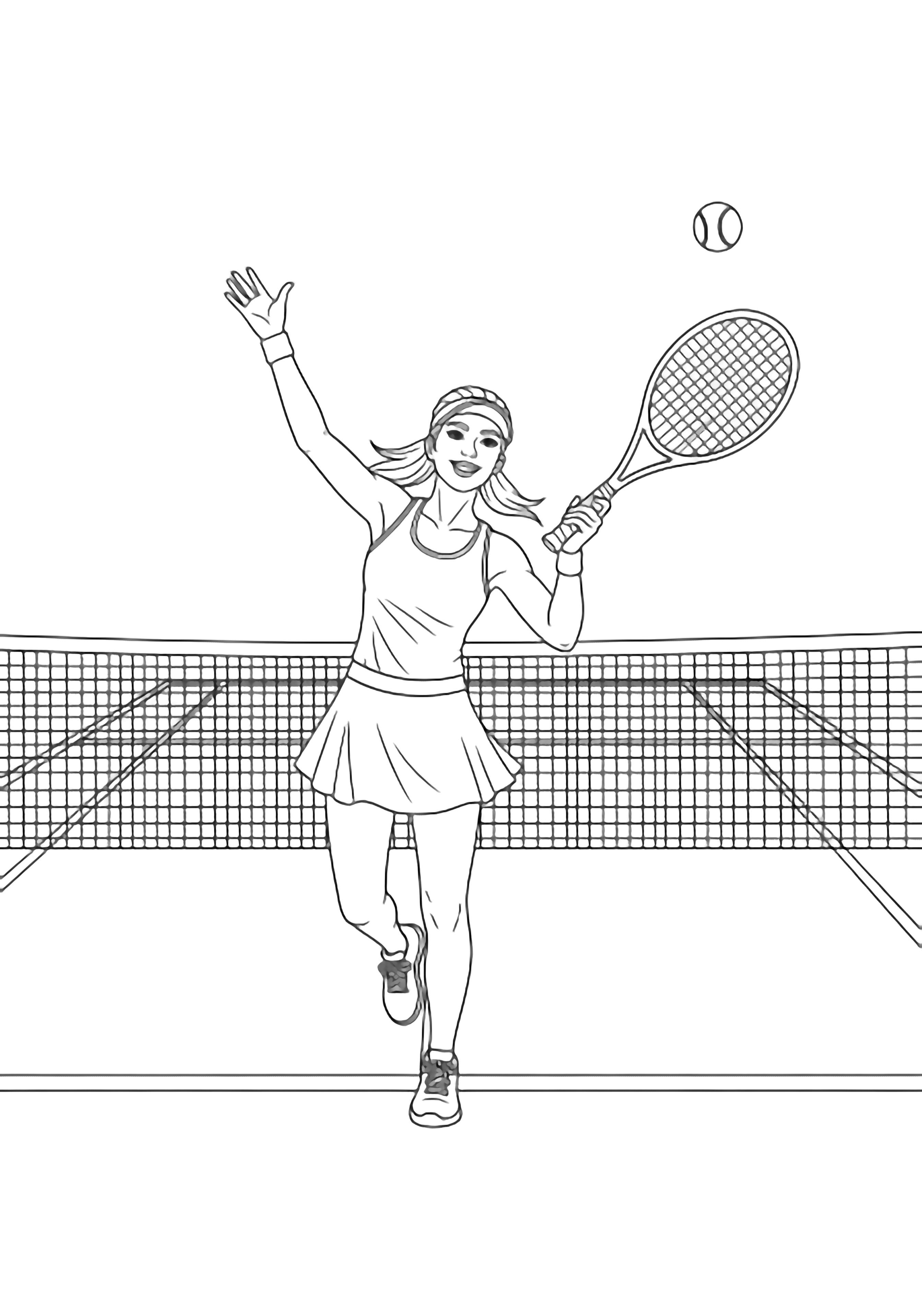 Smiling tennis player mid-serve, one arm up, racket swinging; court lines, net, round ball kleurplaat