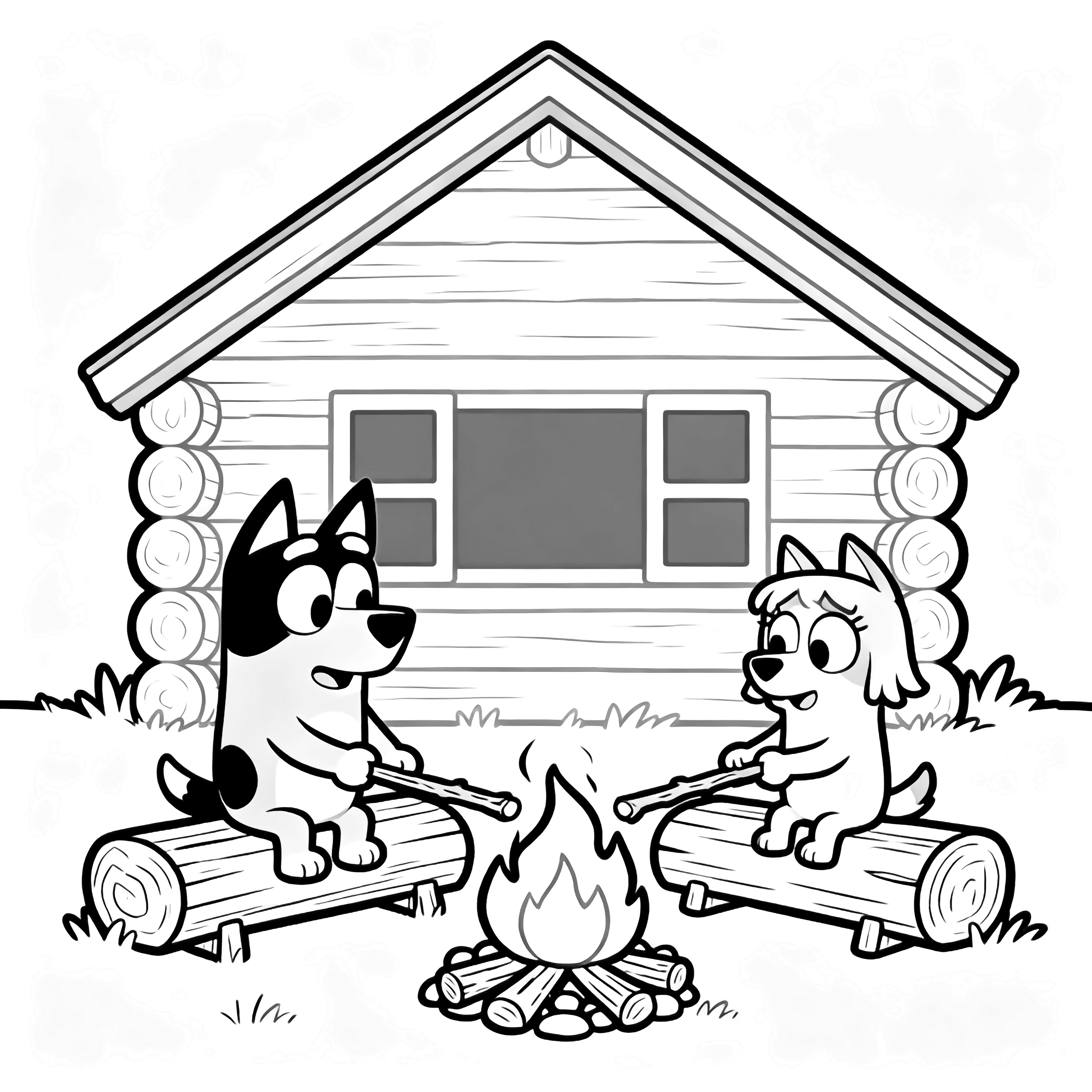 Bluey and Mabel, two small cartoon dogs, sit on a log bench beside a log cabin, roasting sticks over a small campfire. kleurplaat