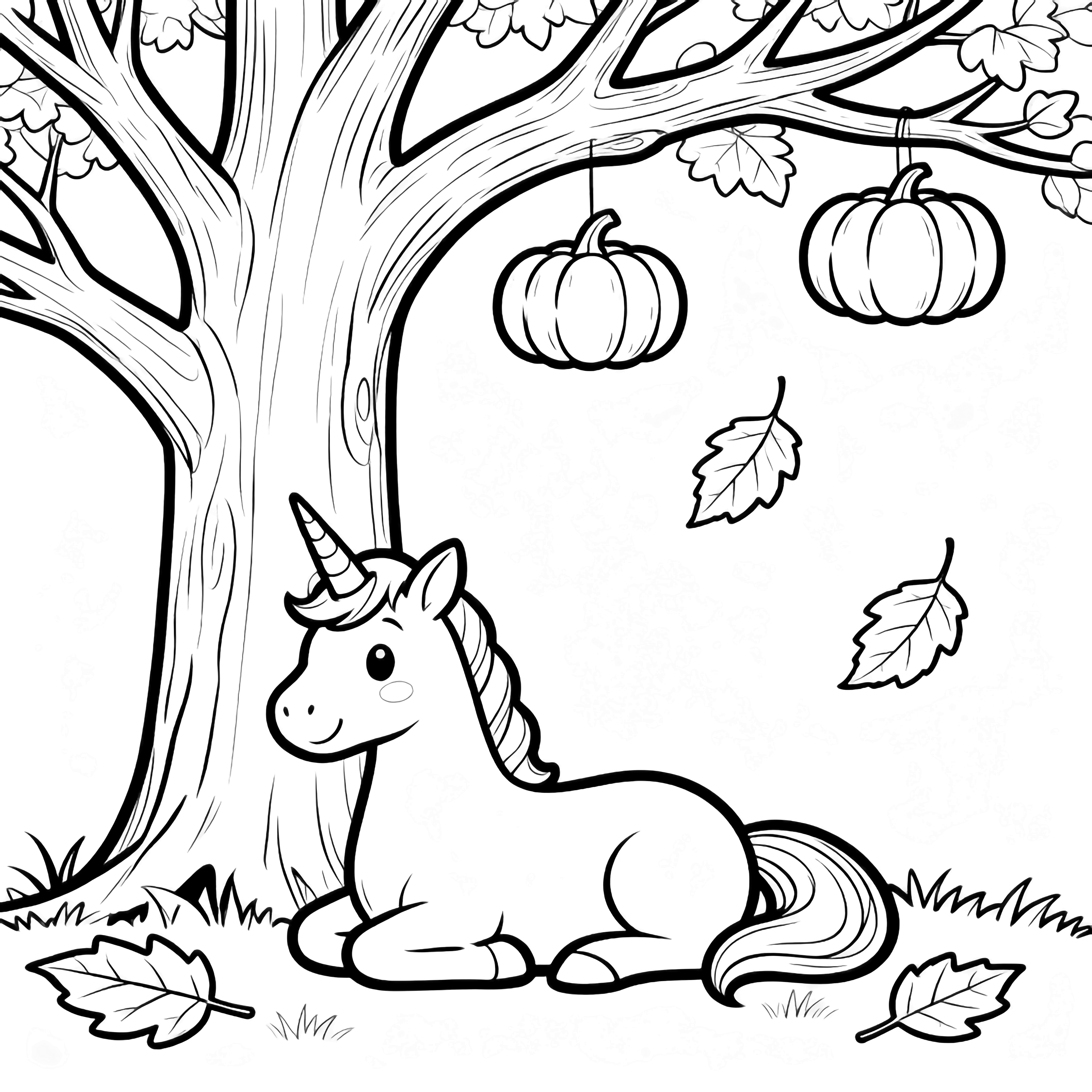 A smiling unicorn relaxes under a big tree whose branches carry round pumpkins; large leaves drift down. kleurplaat