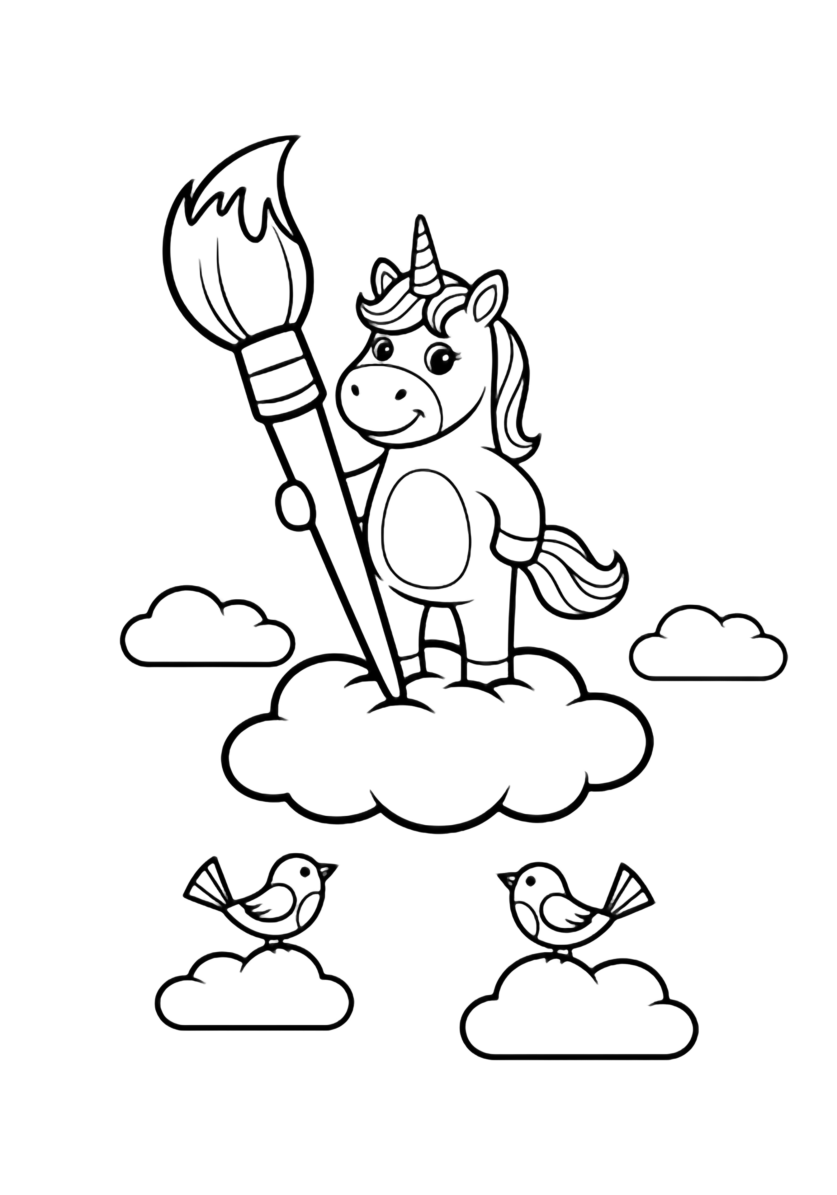 Smiling unicorn stands on a small cloud holding a giant paintbrush, with simple clouds below and two birds perched nearby. kleurplaat