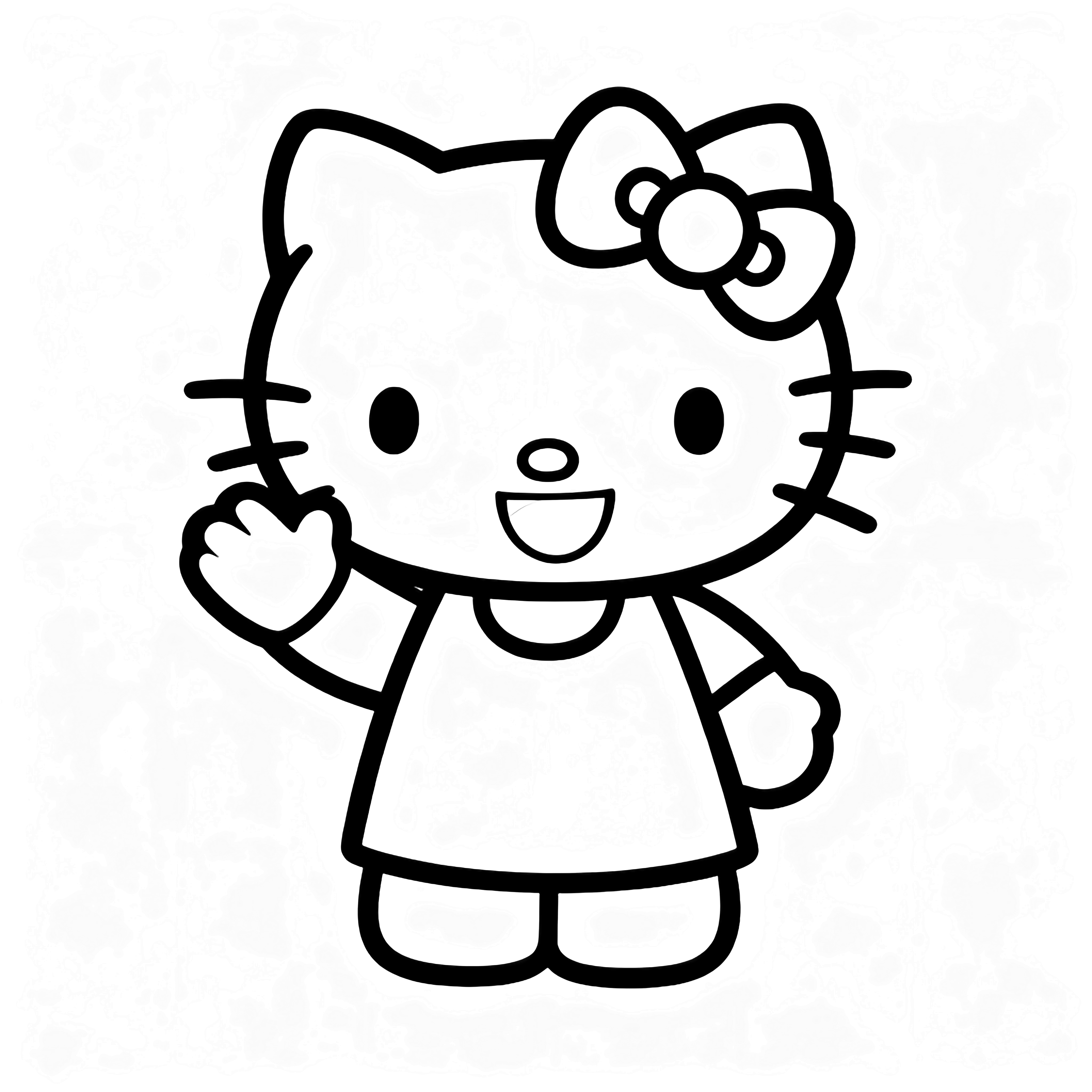Hello Kitty waves cheerfully, her big smiling head centered, bow with simple loops atop, wearing a short dress. kleurplaat