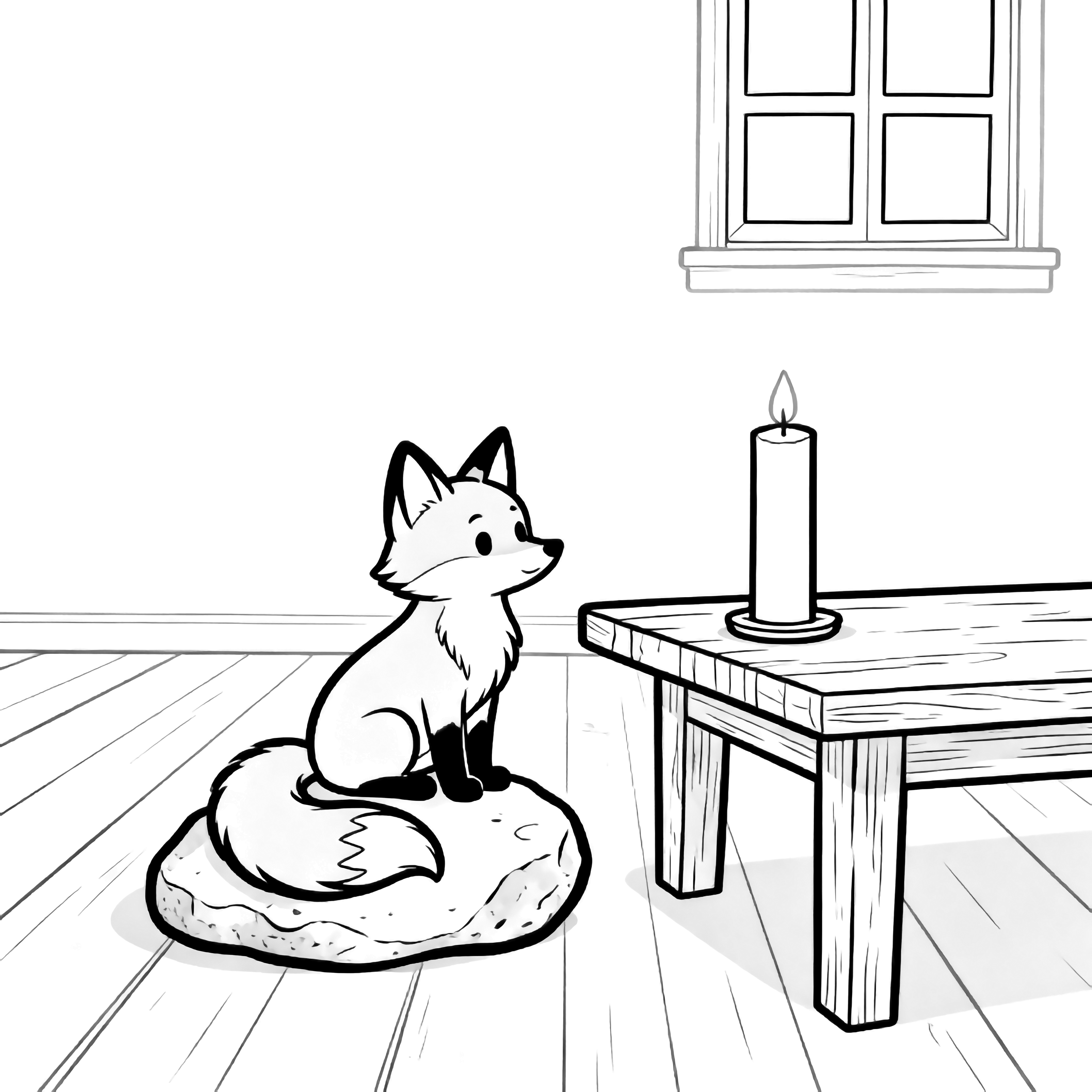 Tiny fox on rock, tail curled, gazes at tall candle on simple wooden table; distant four-pane window, plain floorboards. kleurplaat