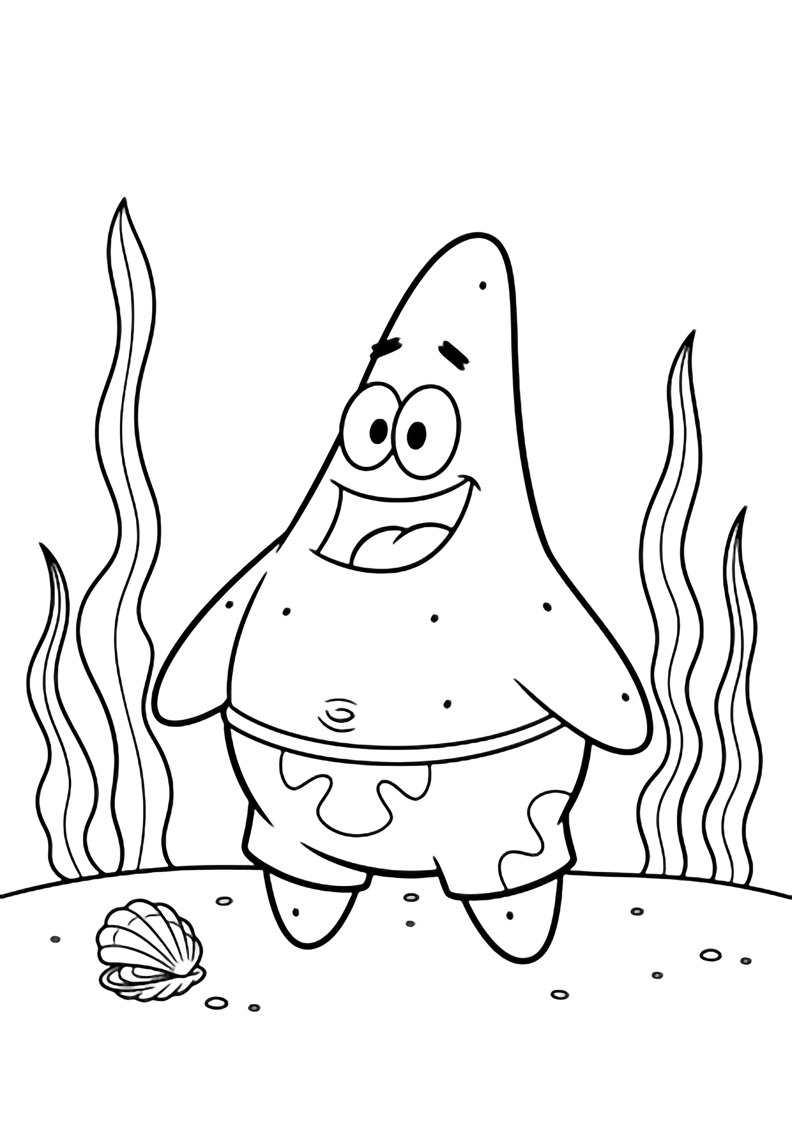 Patrick Star stands centered on the sea floor, smiling cheerfully, with a small clam shell and two wavy seaweed stalks nearby. kleurplaat