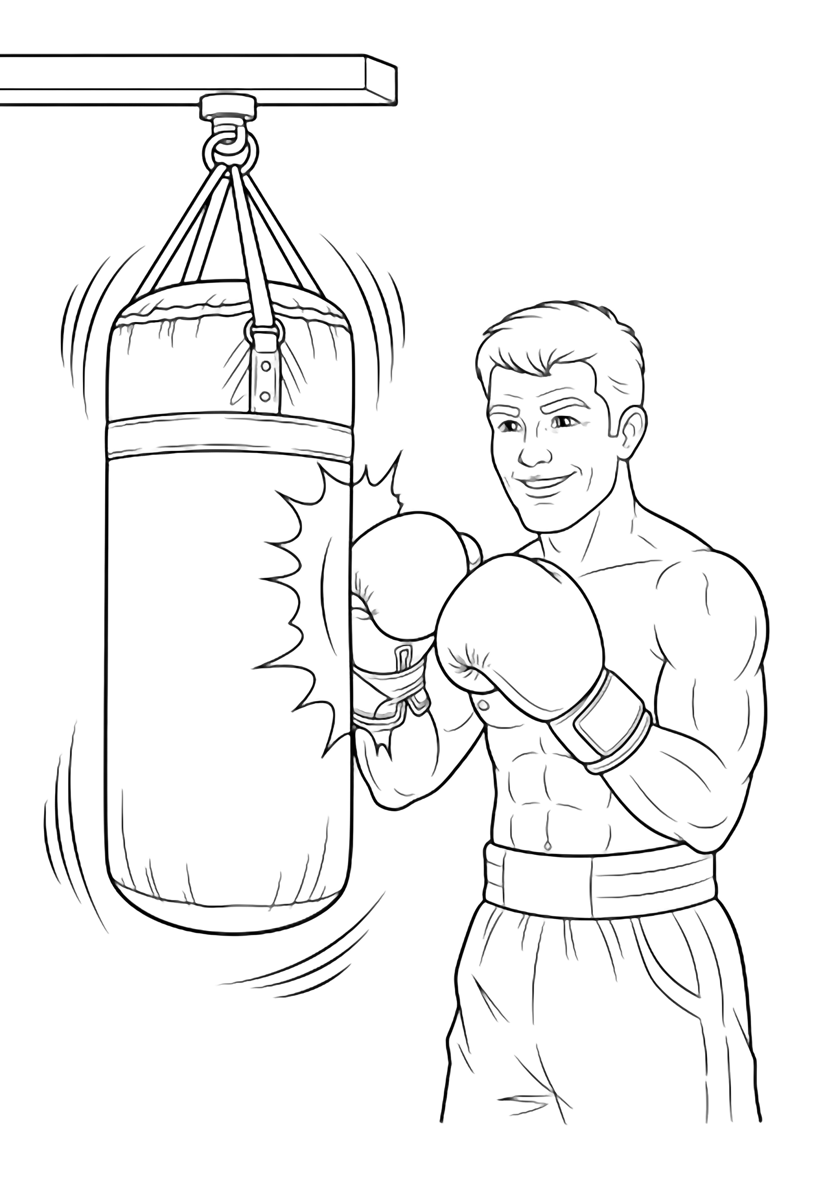 Smiling boxer pressing gloved fists against hanging punching bag, movement lines around both kleurplaat