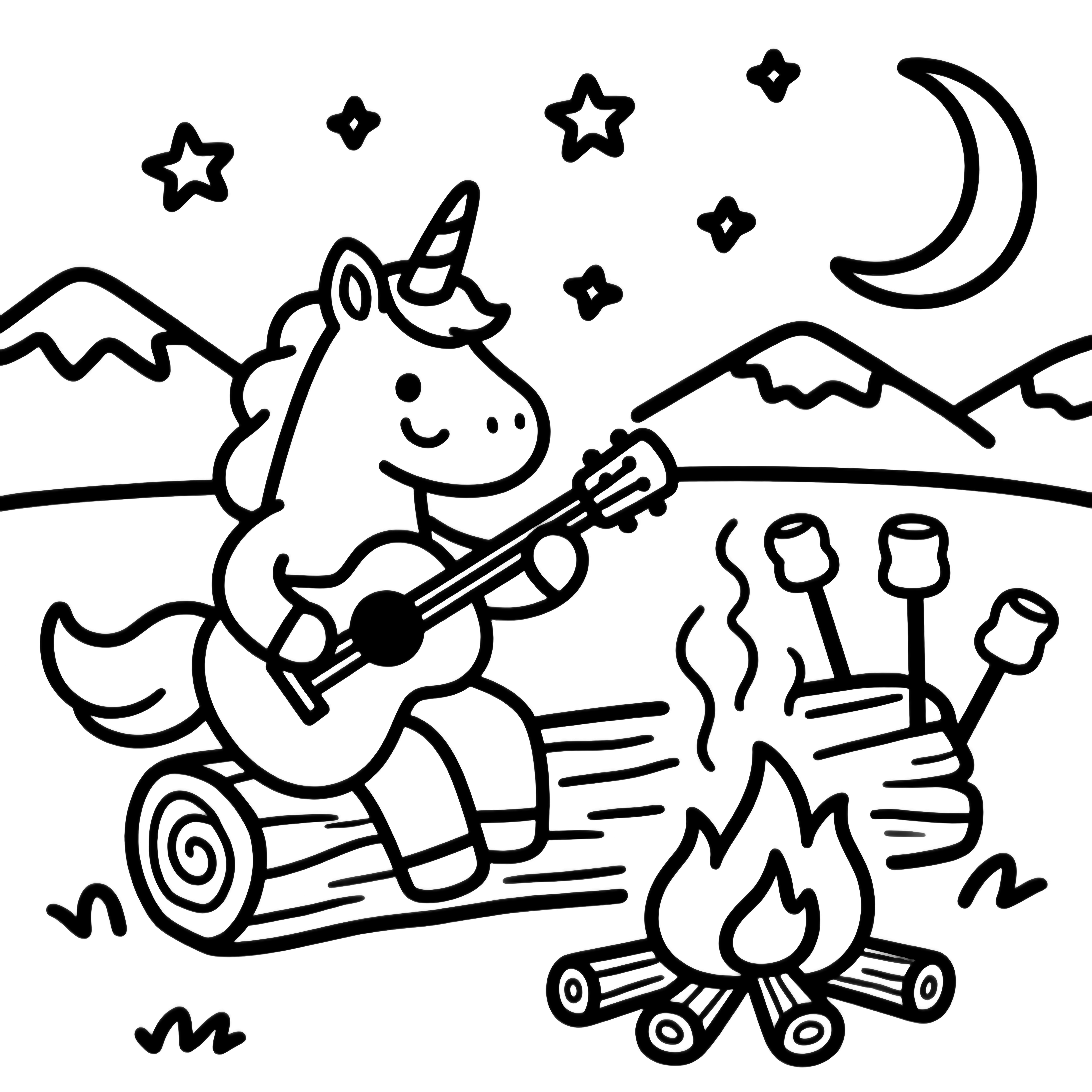 Een glimlachende eenhoorn zit op een boomstok gitaar te spelen naast een klein kampvuur met marshmallows op stokjes, rookwolken, verre bergen, sterren en een halve maan. kleurplaat