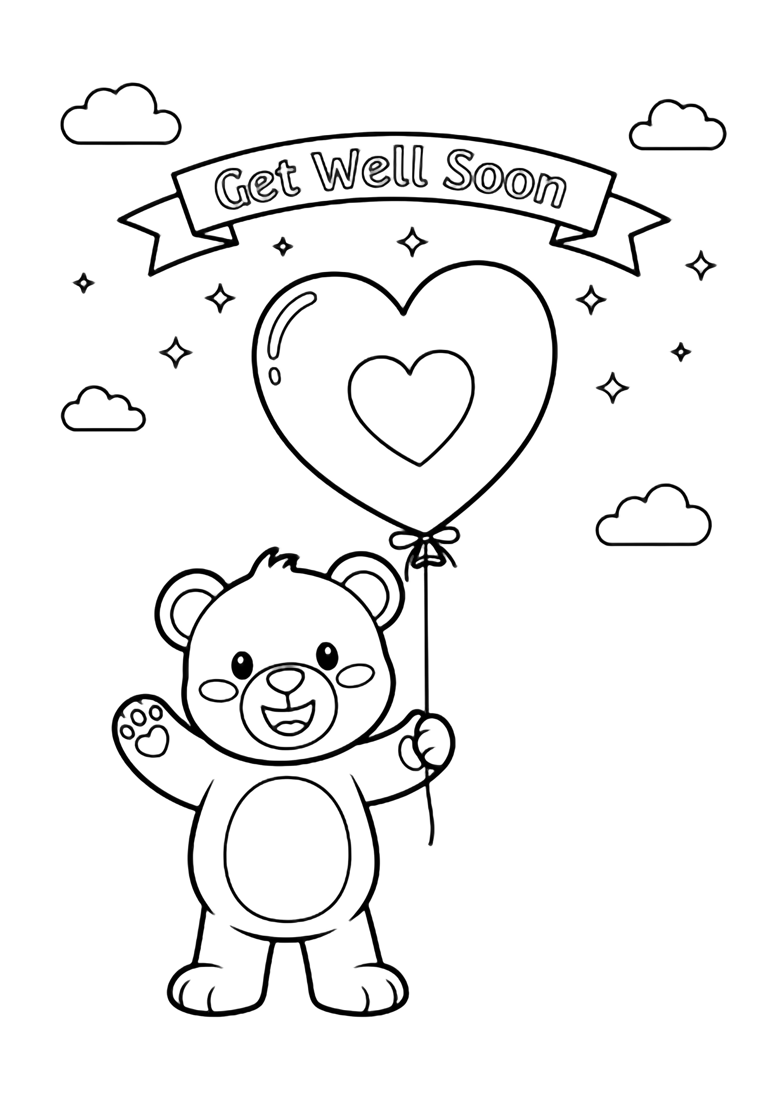 A cheerful teddy bear waves while holding a heart-shaped balloon; a "Get Well Soon" banner drifts above, with minimal clouds and tiny stars around. kleurplaat