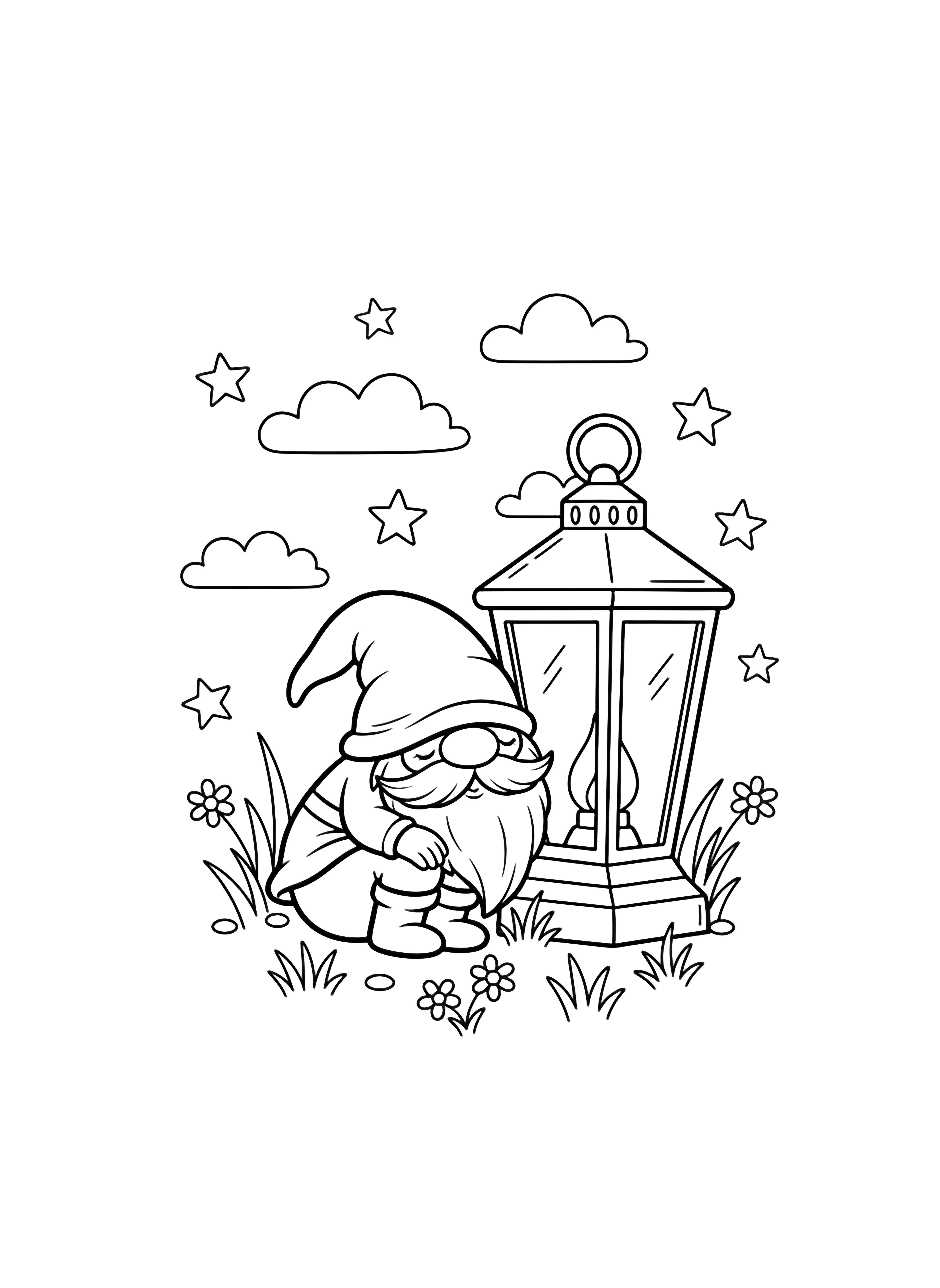 A sleepy gnome naps beside a glowing lantern under twinkling stars and puffy clouds, resting on grass dotted with tiny flowers. kleurplaat