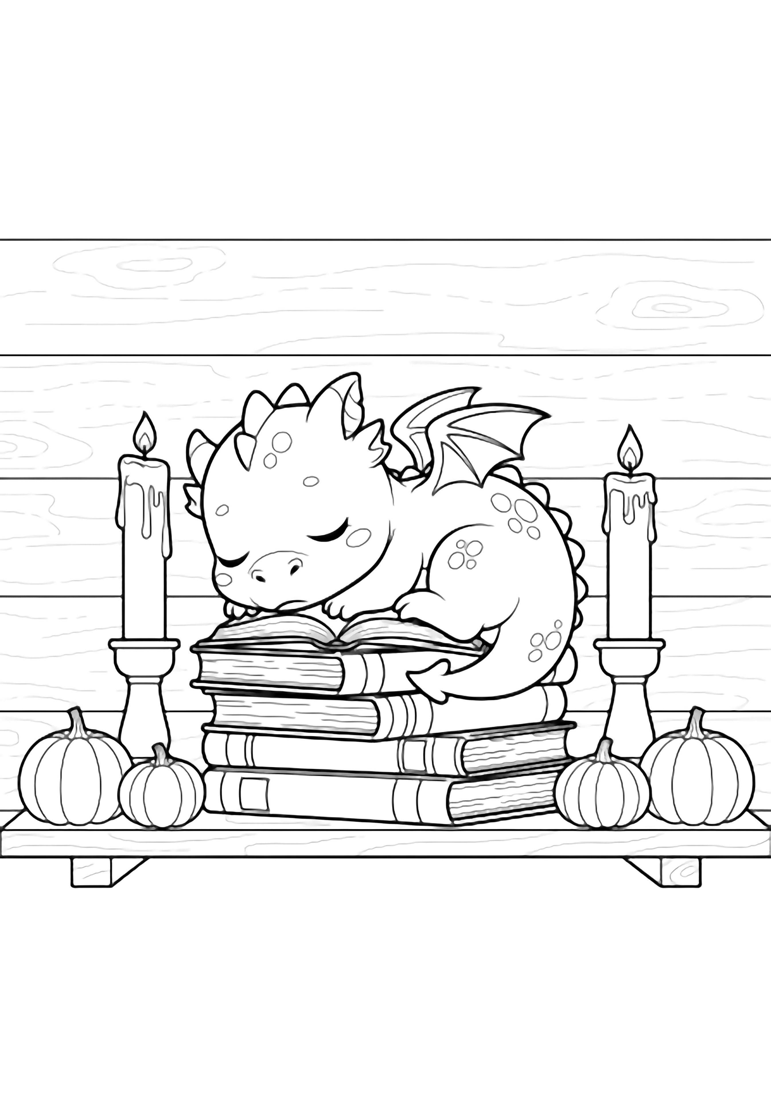 Baby dragon asleep on stacked open books, narrow shelf, tall candles and pumpkins beside, simple plank wall behind. kleurplaat