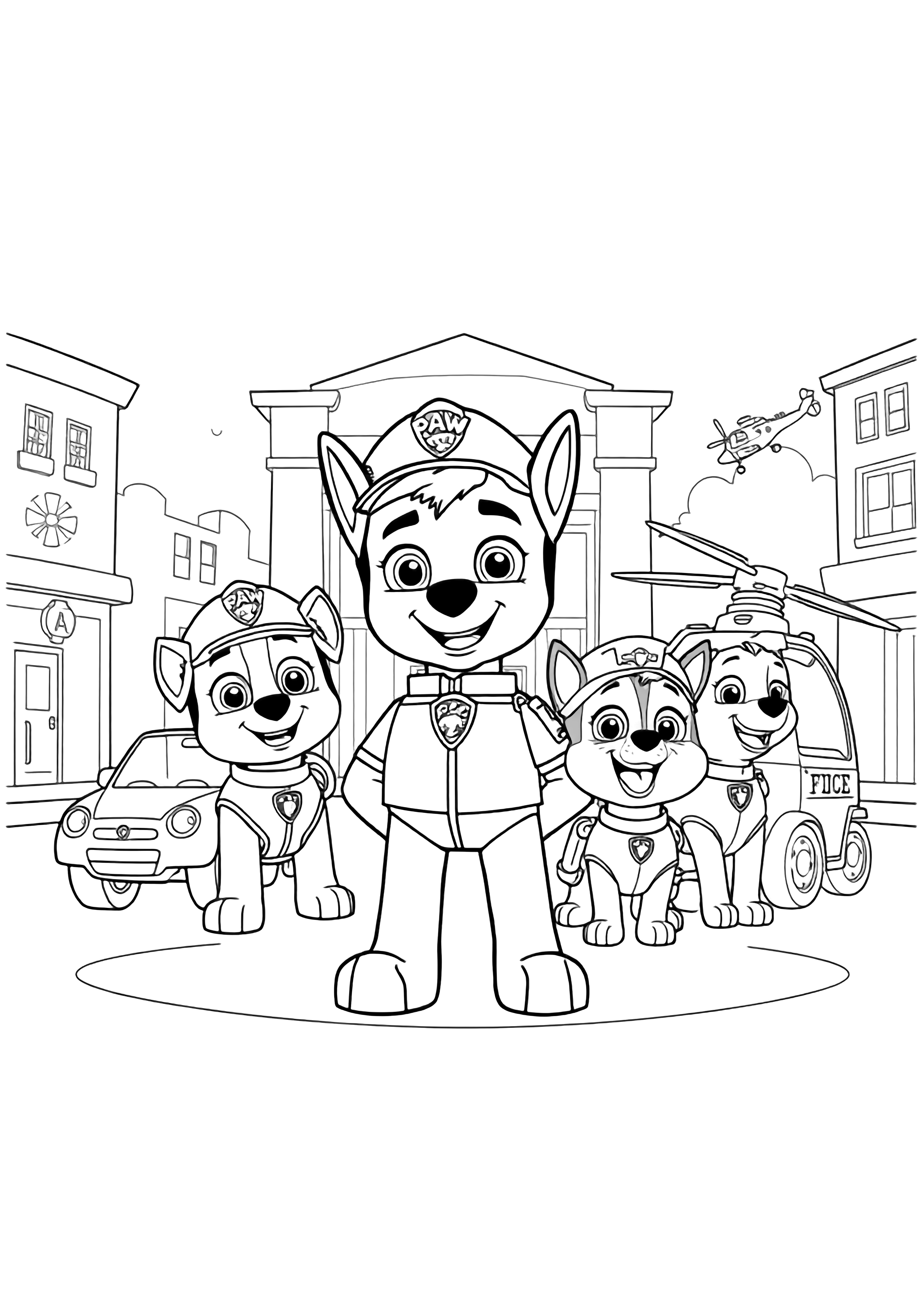 A black and white page showing Ryder standing proudly in the center of Adventure Bay's town square surrounded by the entire PAW Patrol team in a cheerful half circle formation Each pup is captured mid wave with their signature vehicles nearby Chase's police car Marshall's fire truck Skye's helicopter R clean black and white line drawing minimal shading no colour no fill kleurplaat