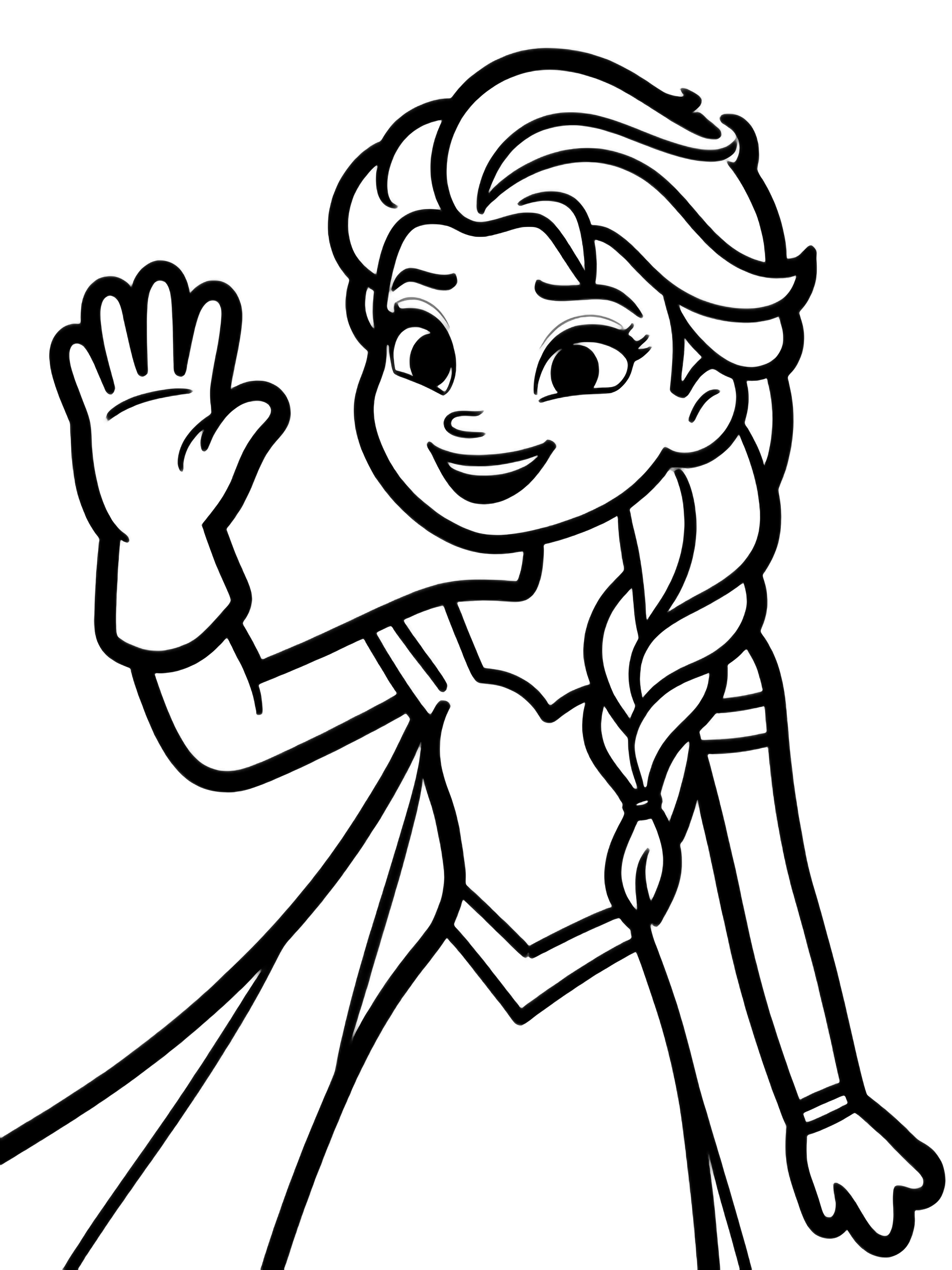 Elsa smiling and waving, one gloved hand raised, long blonde hair flowing, wearing a simple dress. kleurplaat