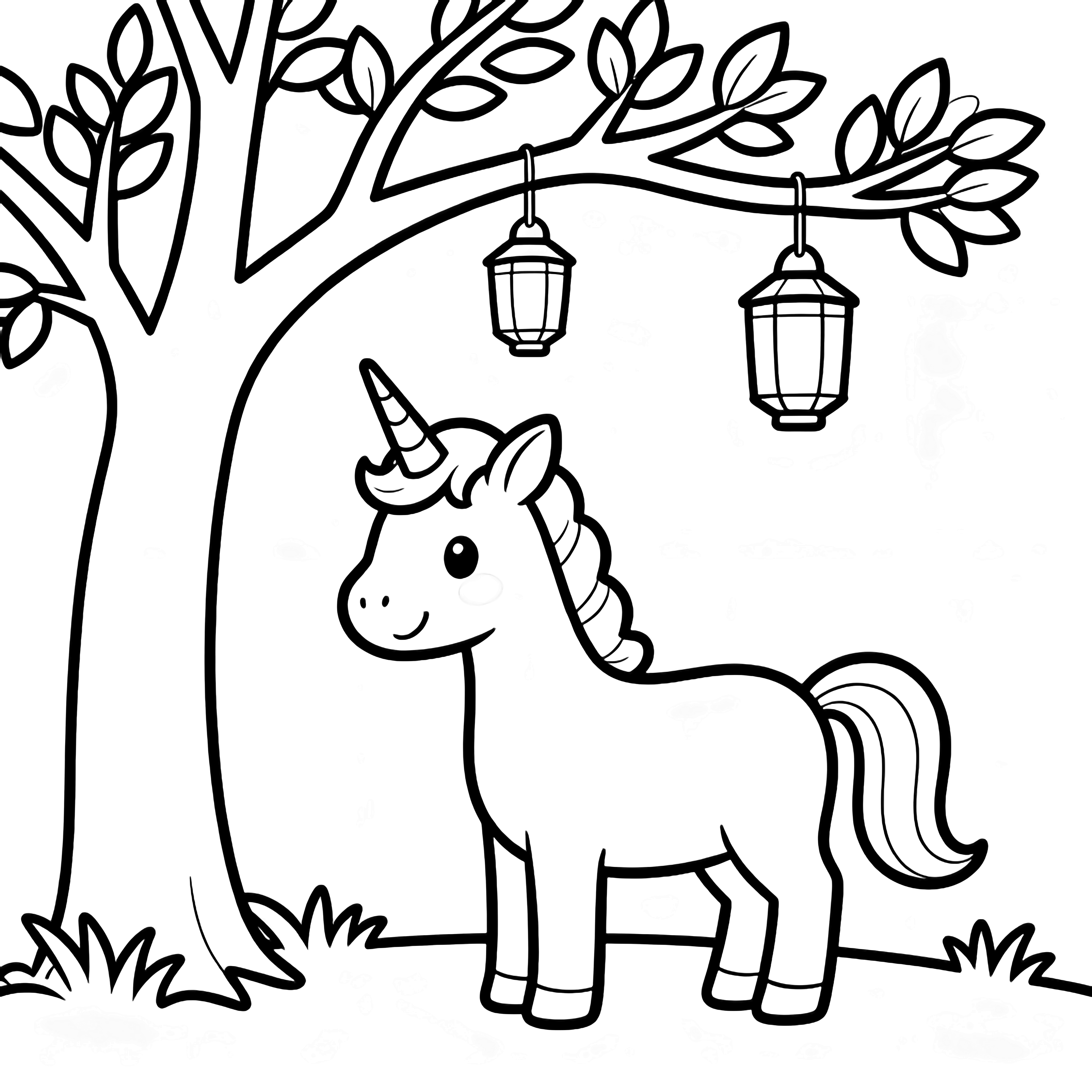 A smiling unicorn stands beneath a tree hung with lanterns, minimal leaves, open spaces. kleurplaat