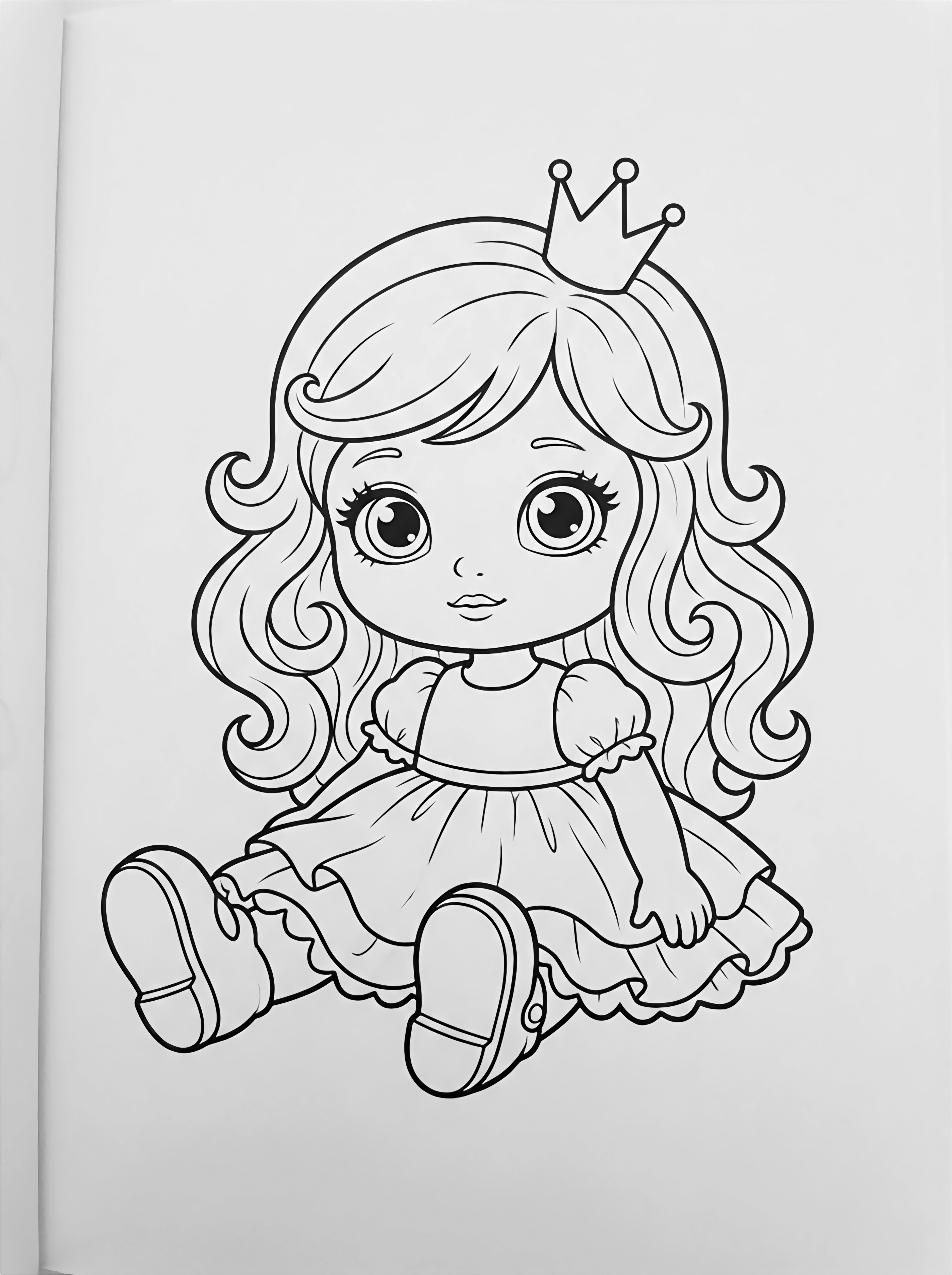 LOL Surprise doll seated, oversized head, wide eyes, flowing hair, tiny crown floating above. kleurplaat