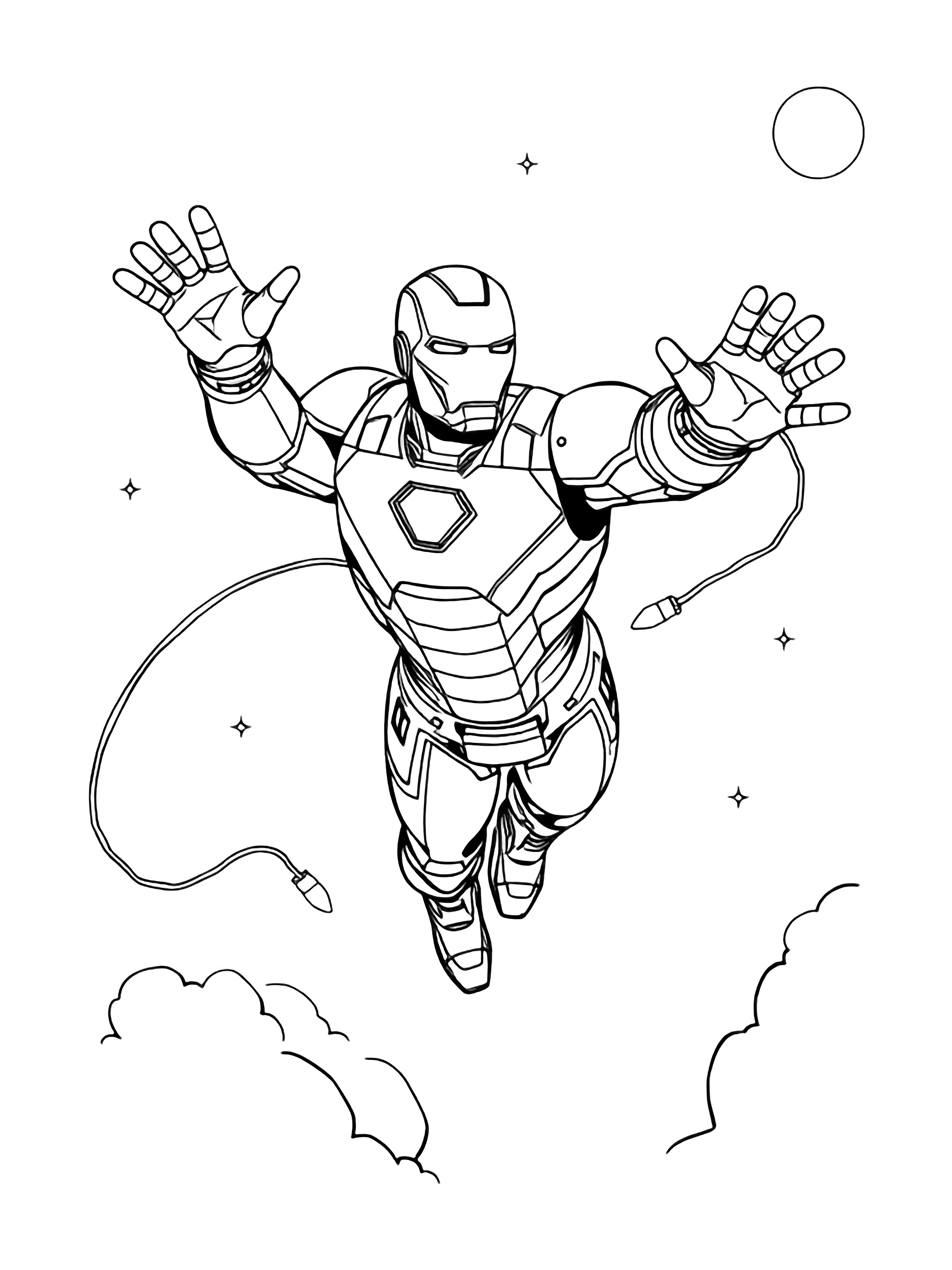 illustration on a Iron Man soars upward right arm extended left tucked; smooth armor plates outlined Behind looping Christmas light strand forms wavy trail Simple cloud puffs distant stars moon All interior shapes white bold black outlines ready to color clean black kleurplaat