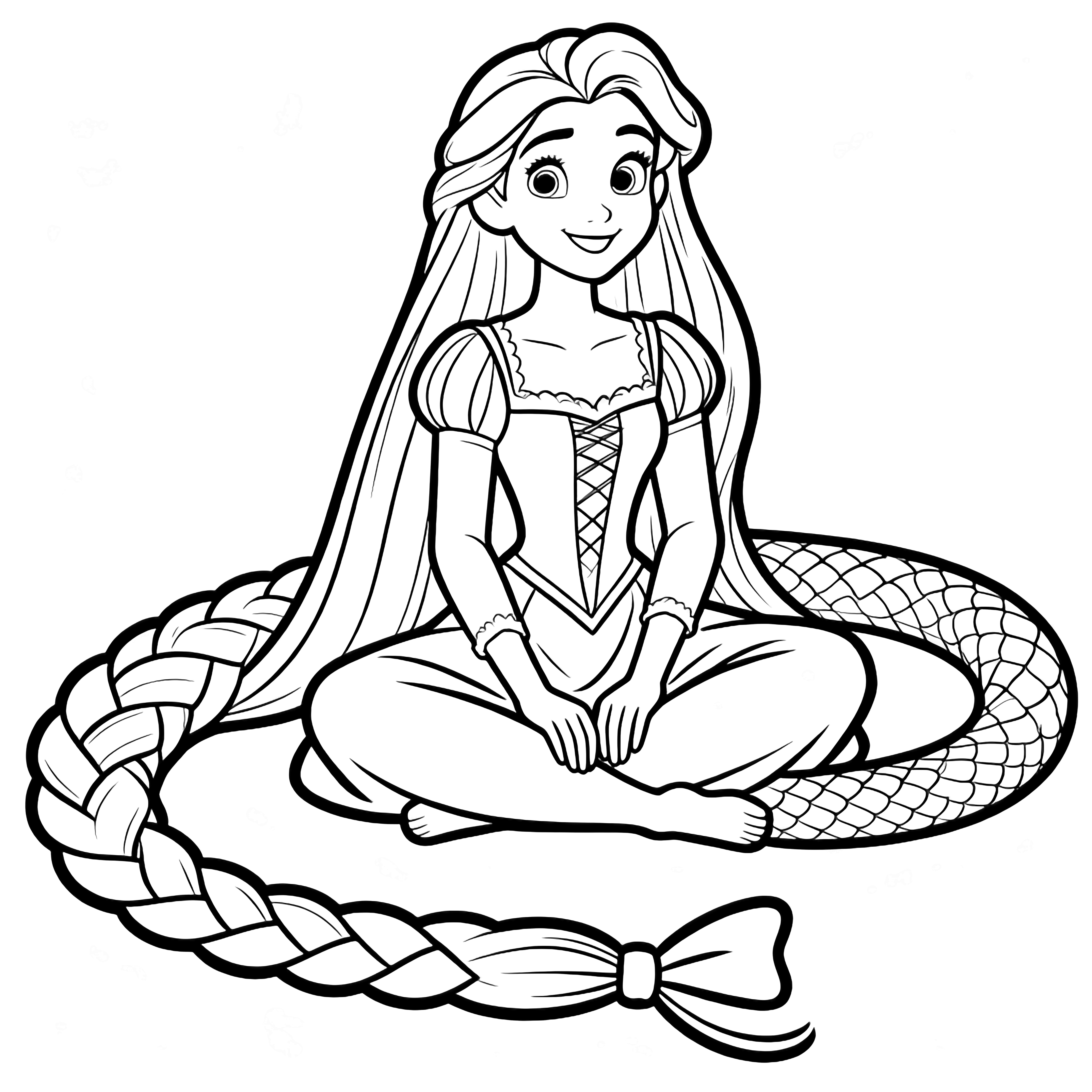 Rapunzel sits cross-legged, her endless braid coiled twice around her like a friendly snake, hands resting on knees, gentle smile. kleurplaat