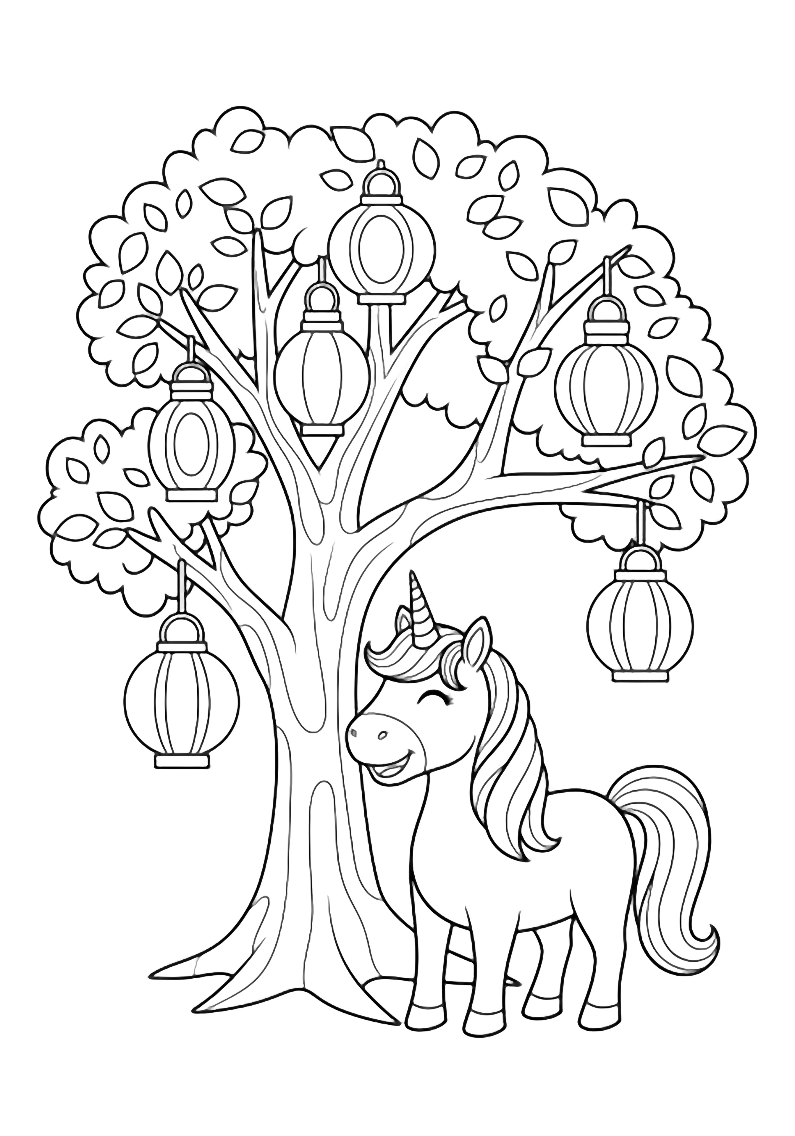 A smiling unicorn stands beneath a tree hung with simple lanterns, minimal leaves, open spaces. kleurplaat