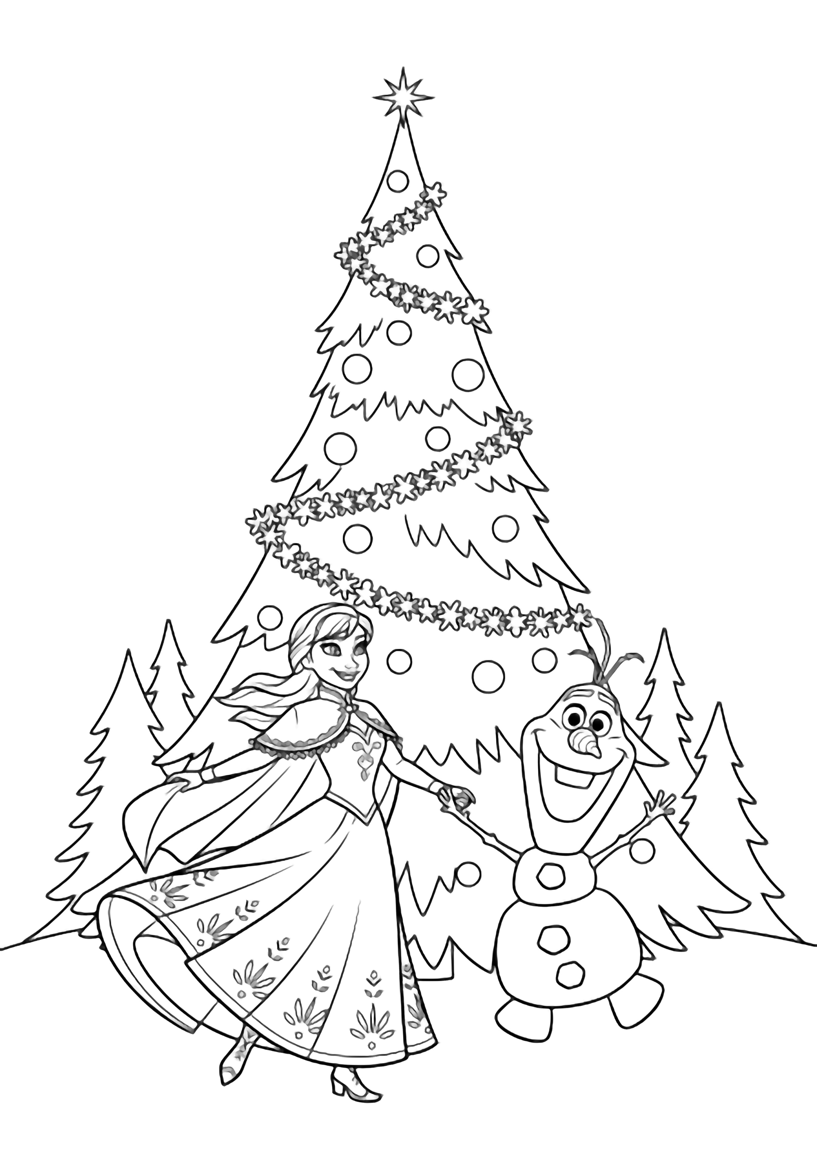 illustration on a Anna twirls with Olaf under a towering Christmas tree; snowflakes garland and simple pines surround them all in bold open outlines ready to color clean black kleurplaat
