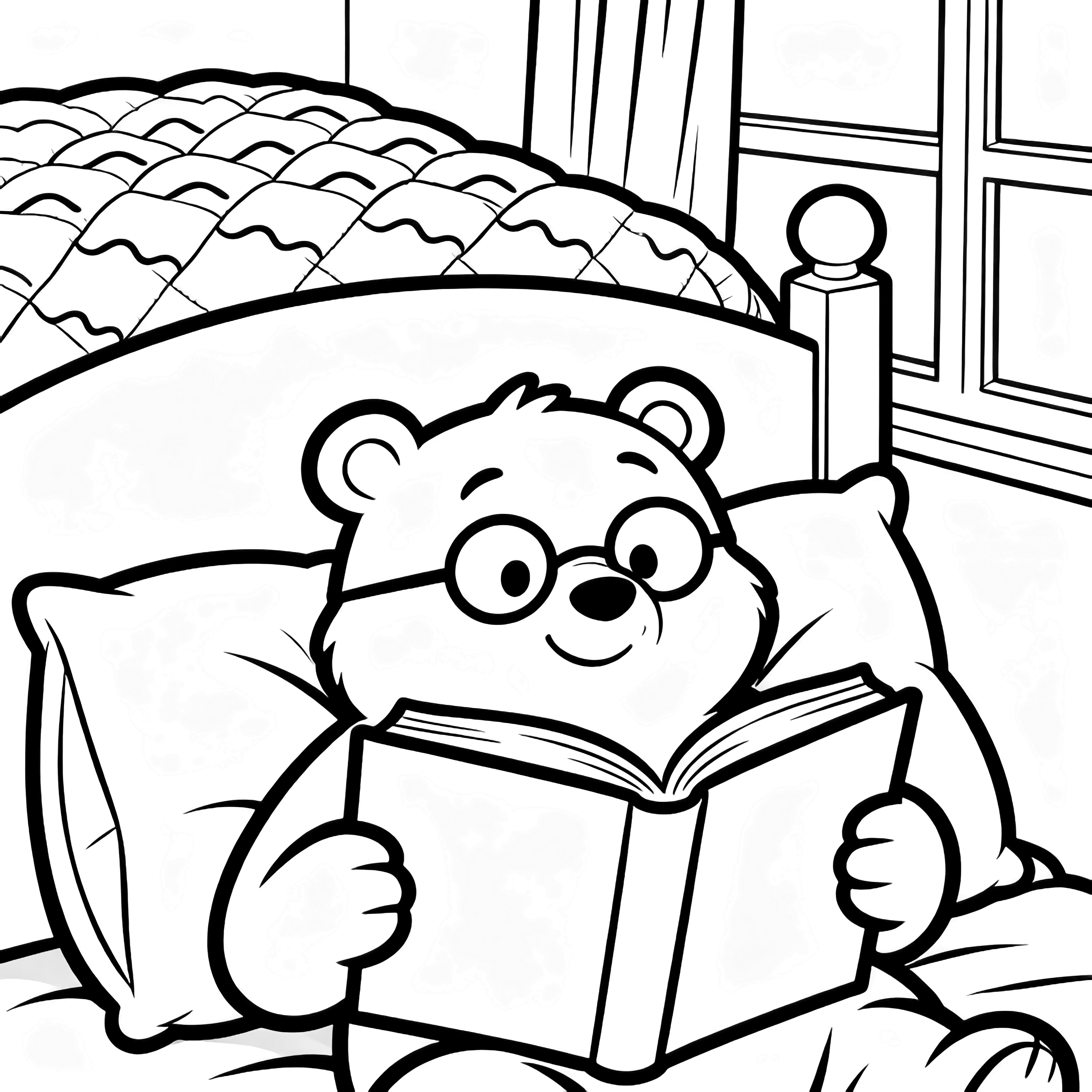 A smiling, bespectacled bear relaxes against pillows, reading a large open book under a quilted blanket in a cozy bedroom with curtained window. kleurplaat