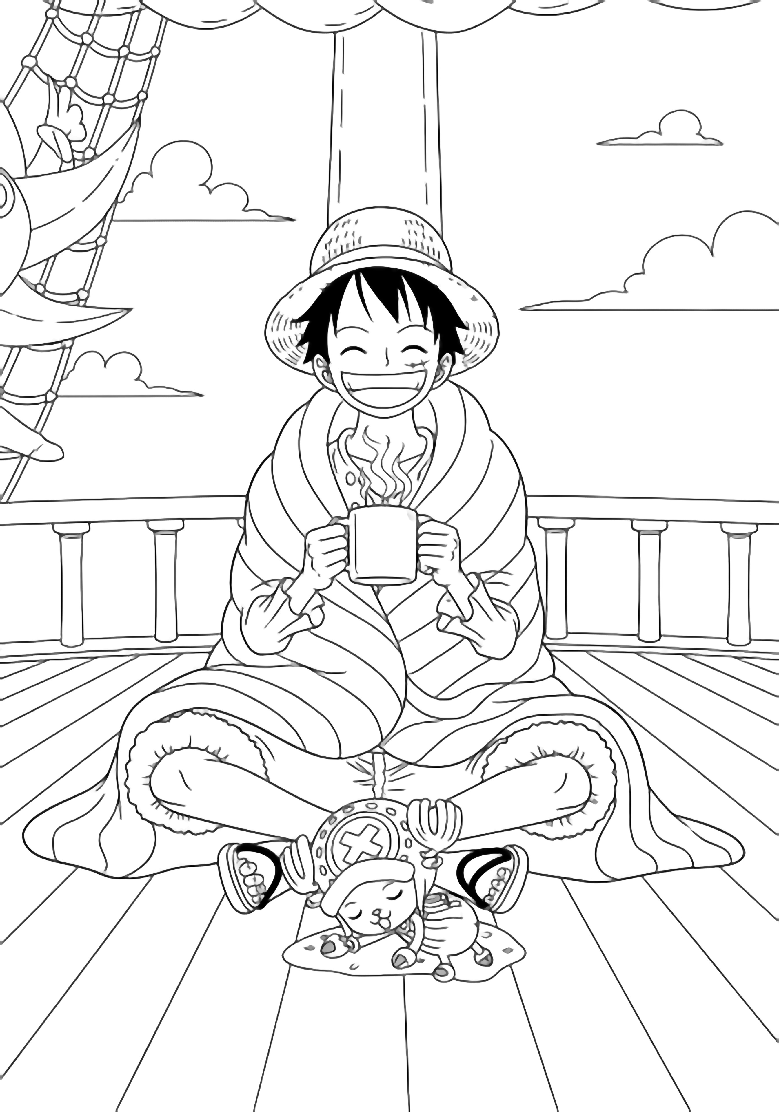Luffy wrapped in a striped blanket sits cross-legged on deck, smiling behind a steaming mug; tiny Chopper curls asleep at his feet, simple rail and clouds behind. kleurplaat