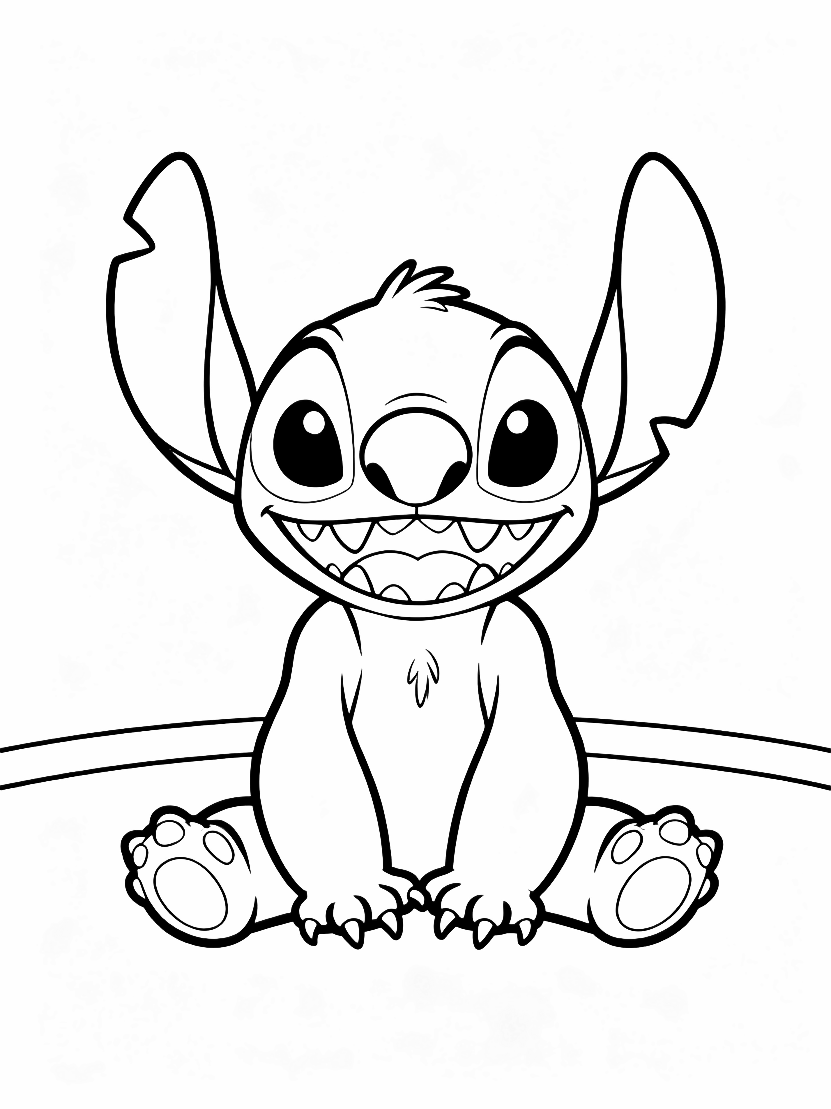 Stitch sits cross-legged, huge happy grin, upright ears, tufted head, paws on knees, simple curved floor line, blank wall behind. kleurplaat