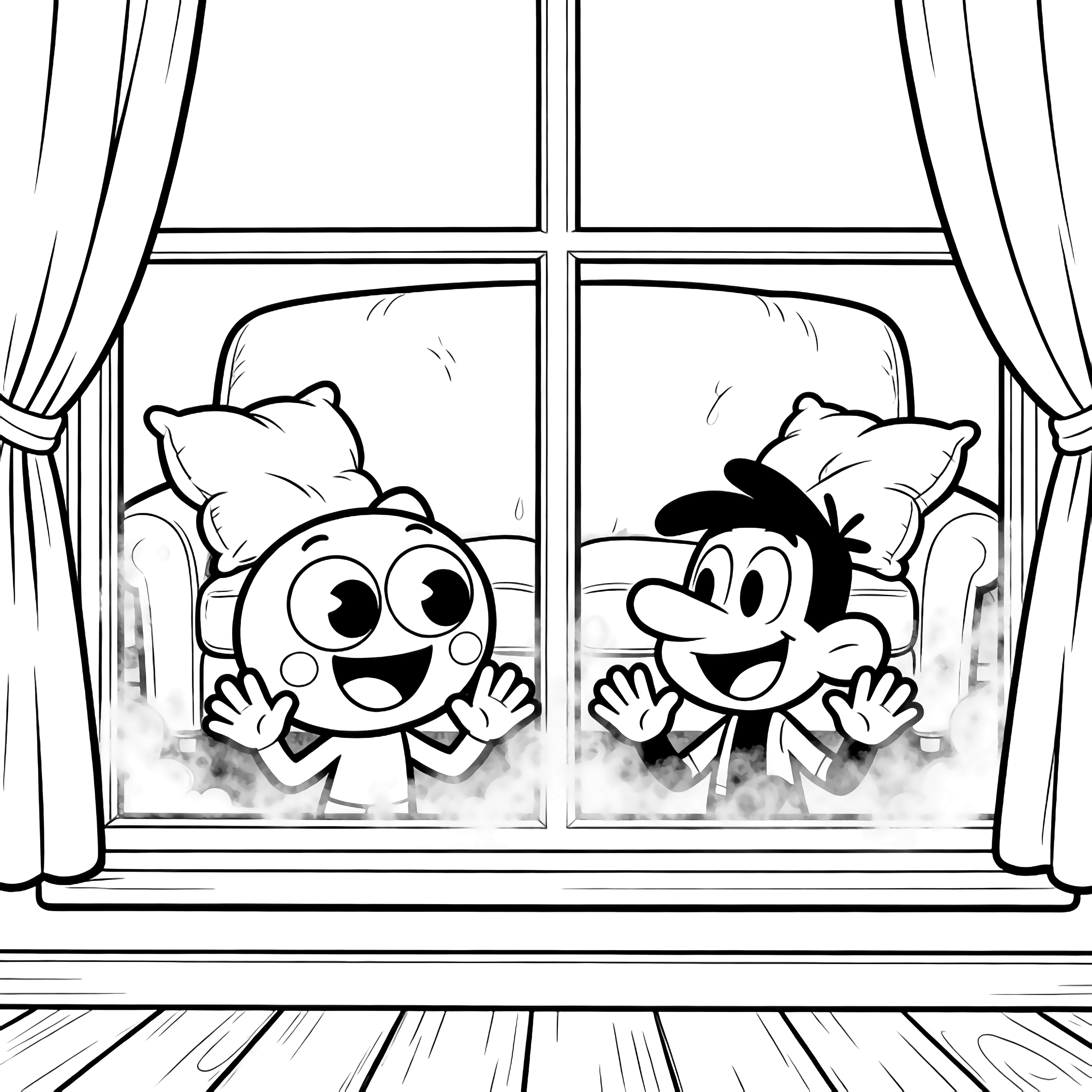 Gumball and Darwin trace big smiles on a foggy window, pillows spill from a couch behind them, curtains frame the cozy room, simple floorboards below. kleurplaat