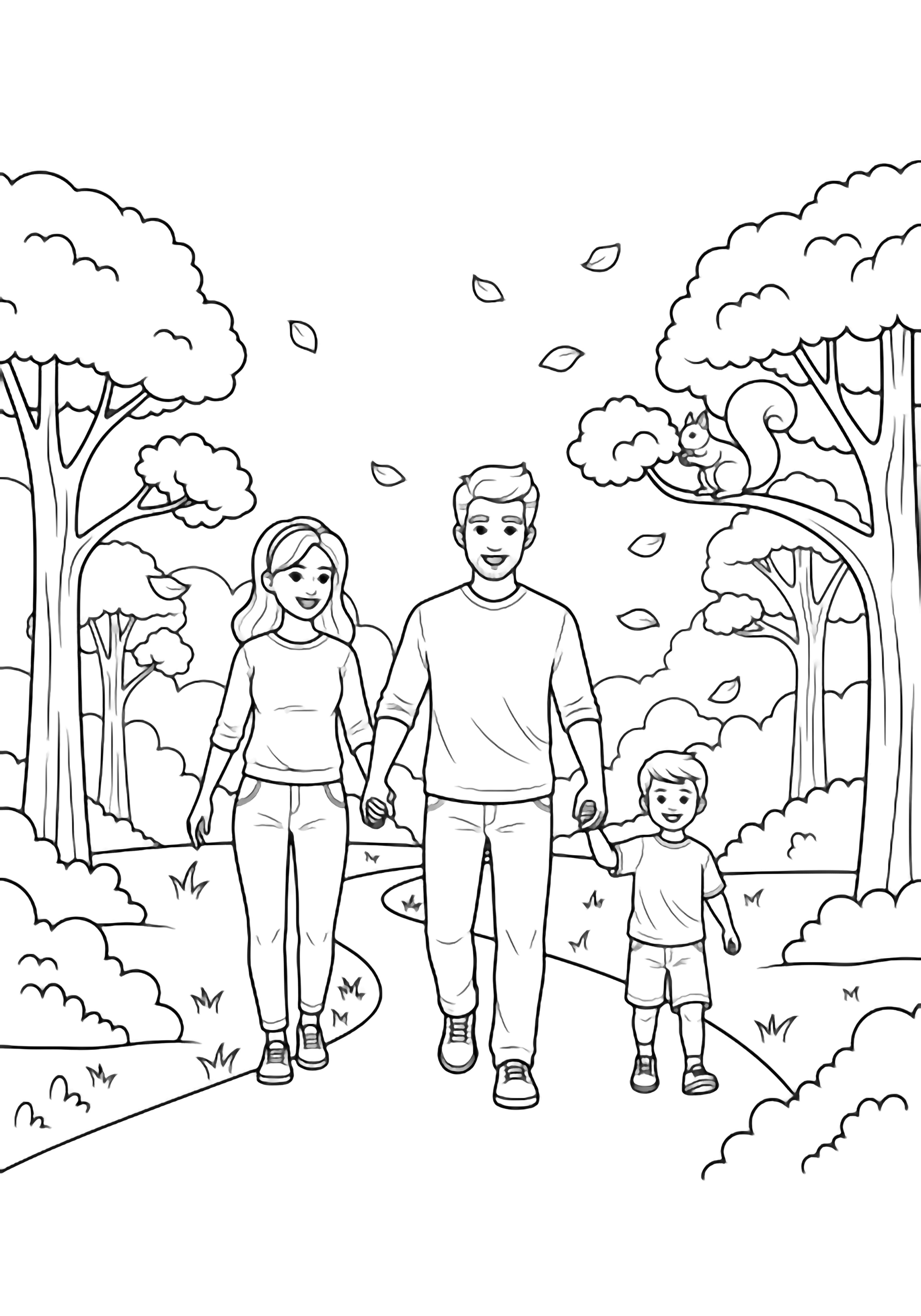 A happy family of three walks hand-in-hand along a winding forest path, trees, bushes, drifting leaves, and a squirrel nearby. kleurplaat
