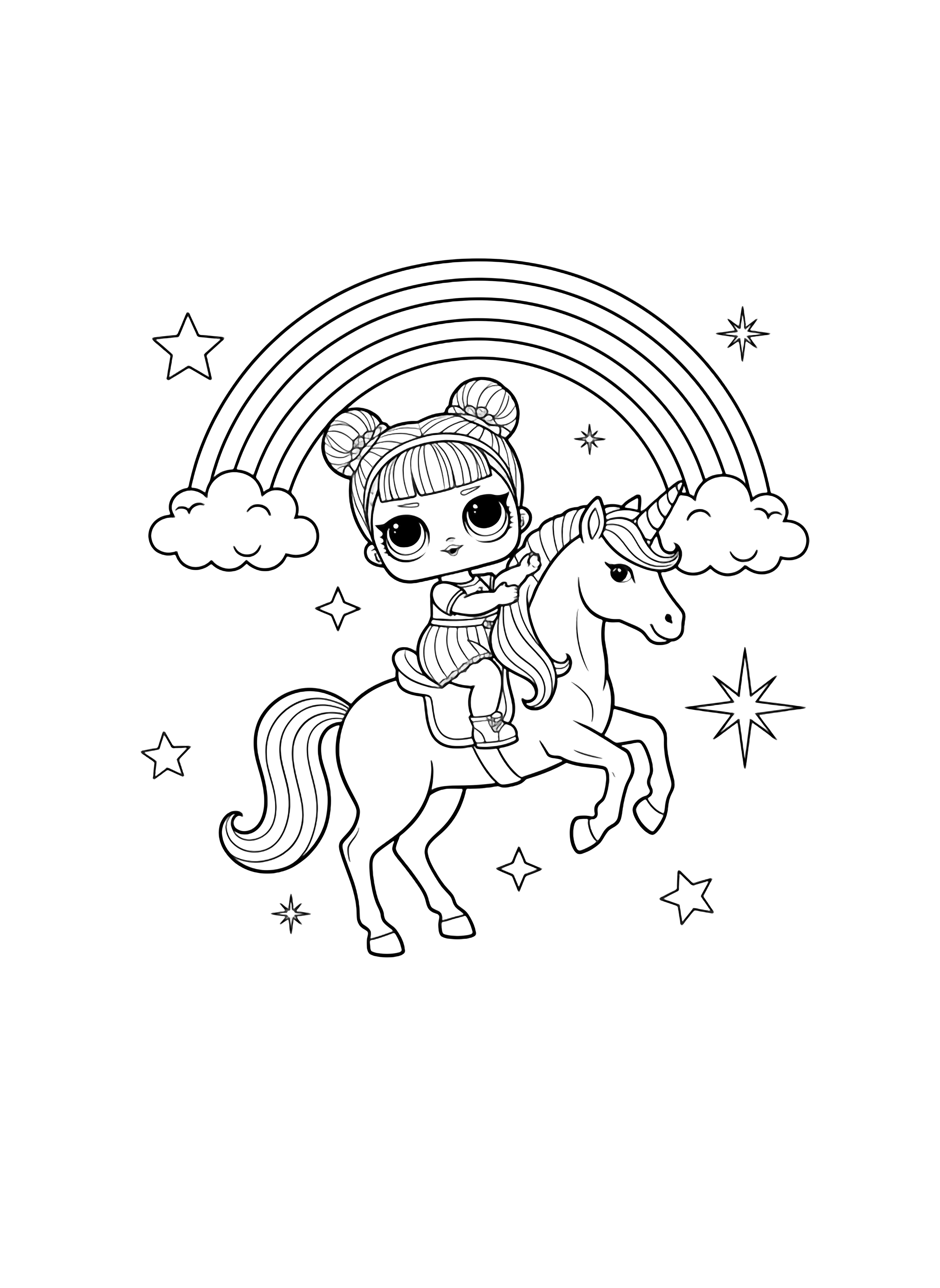 illustration on a Big eyed LOL Surprise doll sitting proudly on a rearing unicorn simple curved rainbow sweeping behind puffy clouds below scattered chunky stars and star bursts all in clean bold outlines ready to color clean black kleurplaat