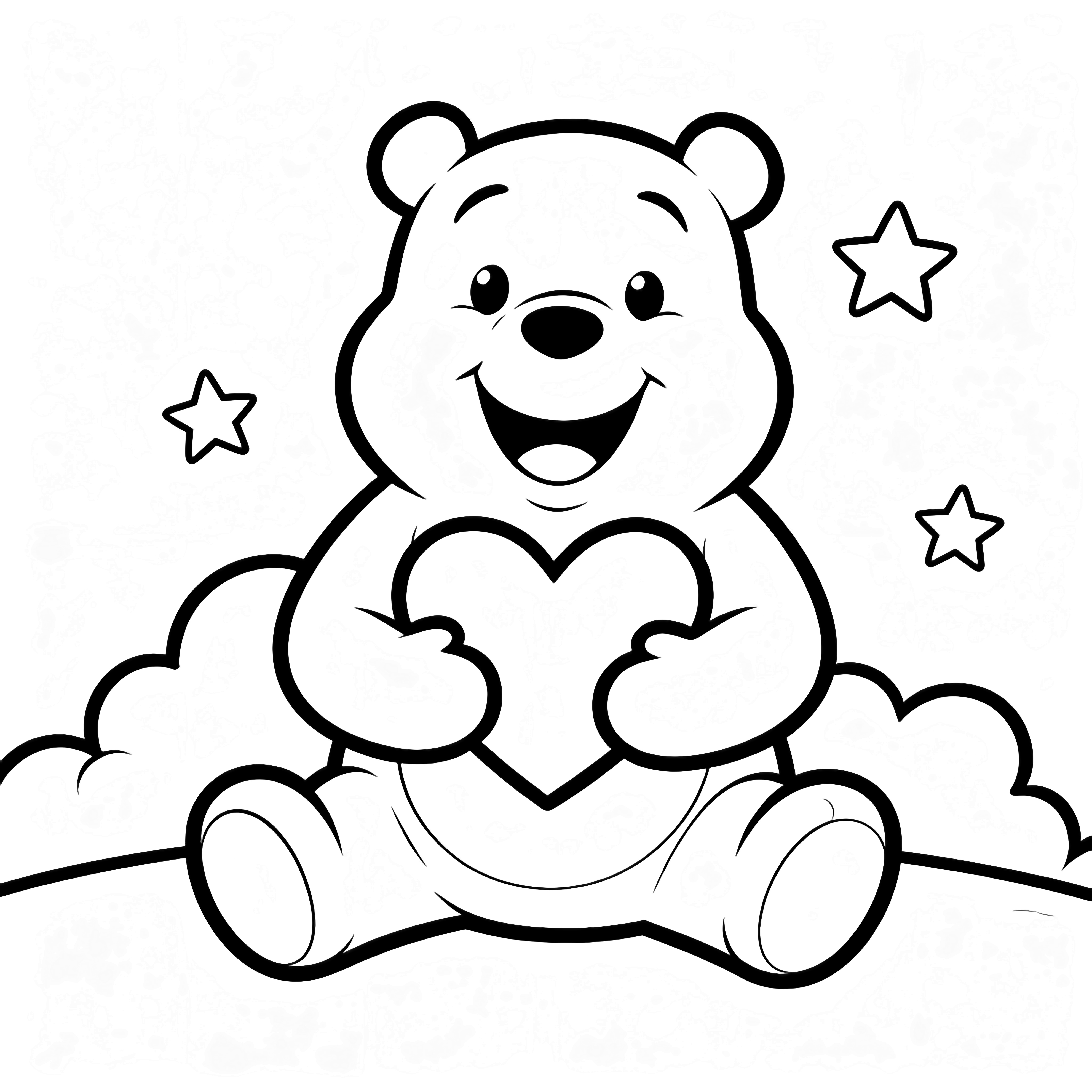 Cheer Bear sits centered, beaming as she hugs a heart to her chest, with simple clouds and stars drifting behind. kleurplaat